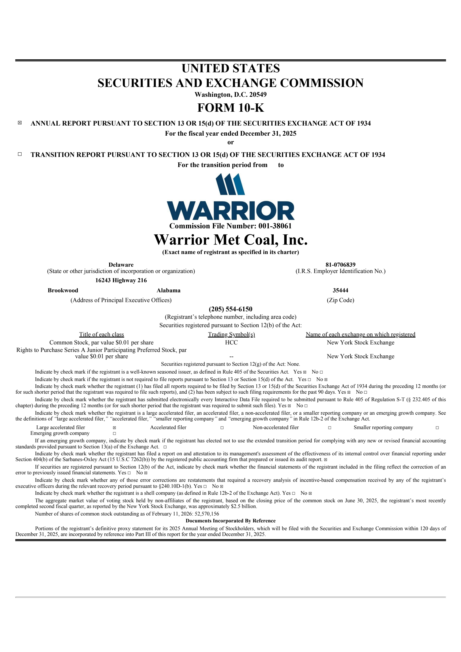 Warrior Met Coal's Q4 2025 Annual report
