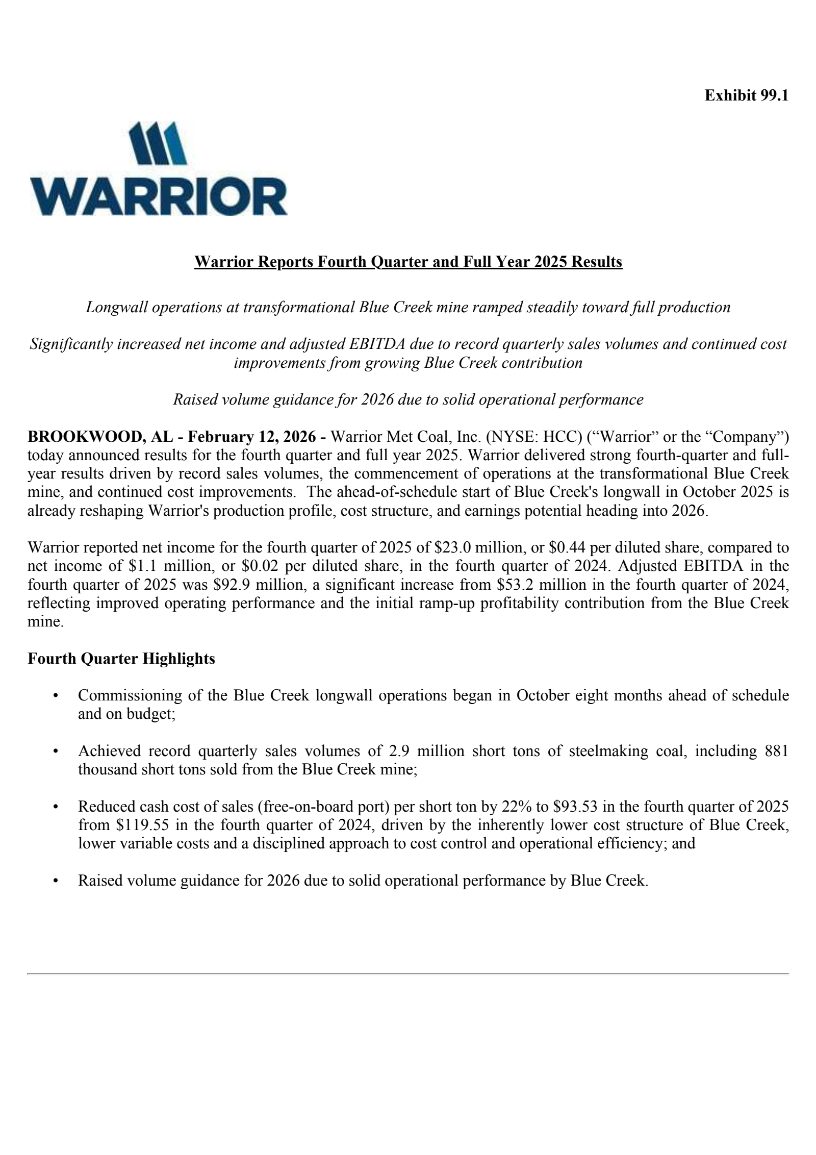 Warrior Met Coal's Q4 2025 Press Release