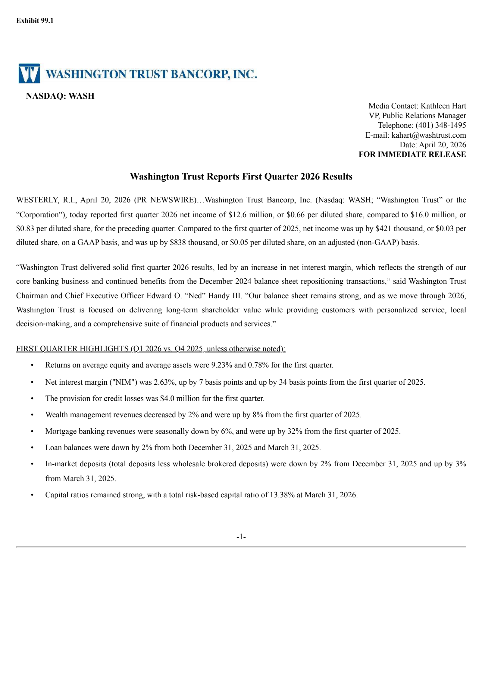 Washington Trust Bancorp's Q1 2026 Press Release