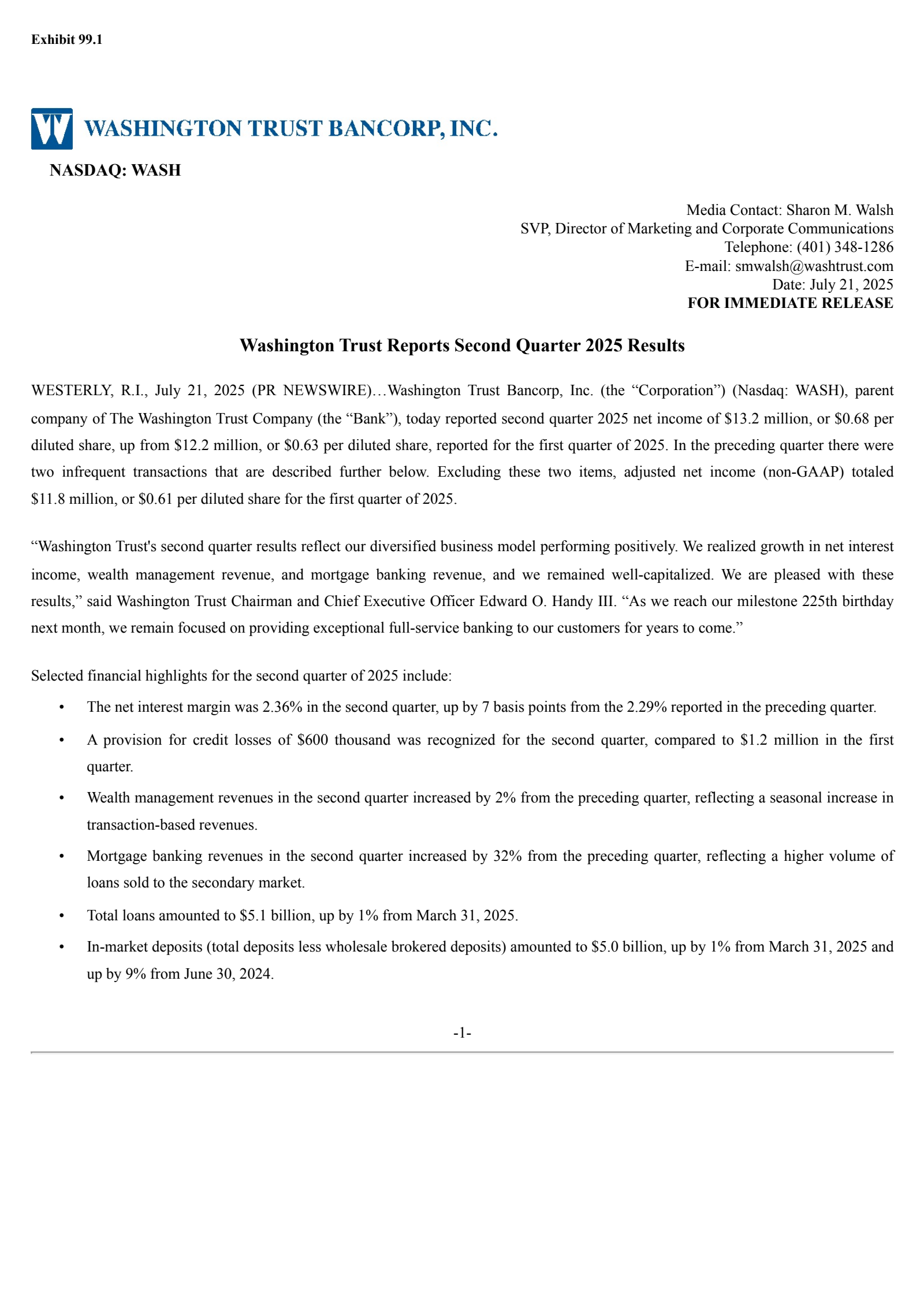 Washington Trust Bancorp's Q2 2025 Press Release