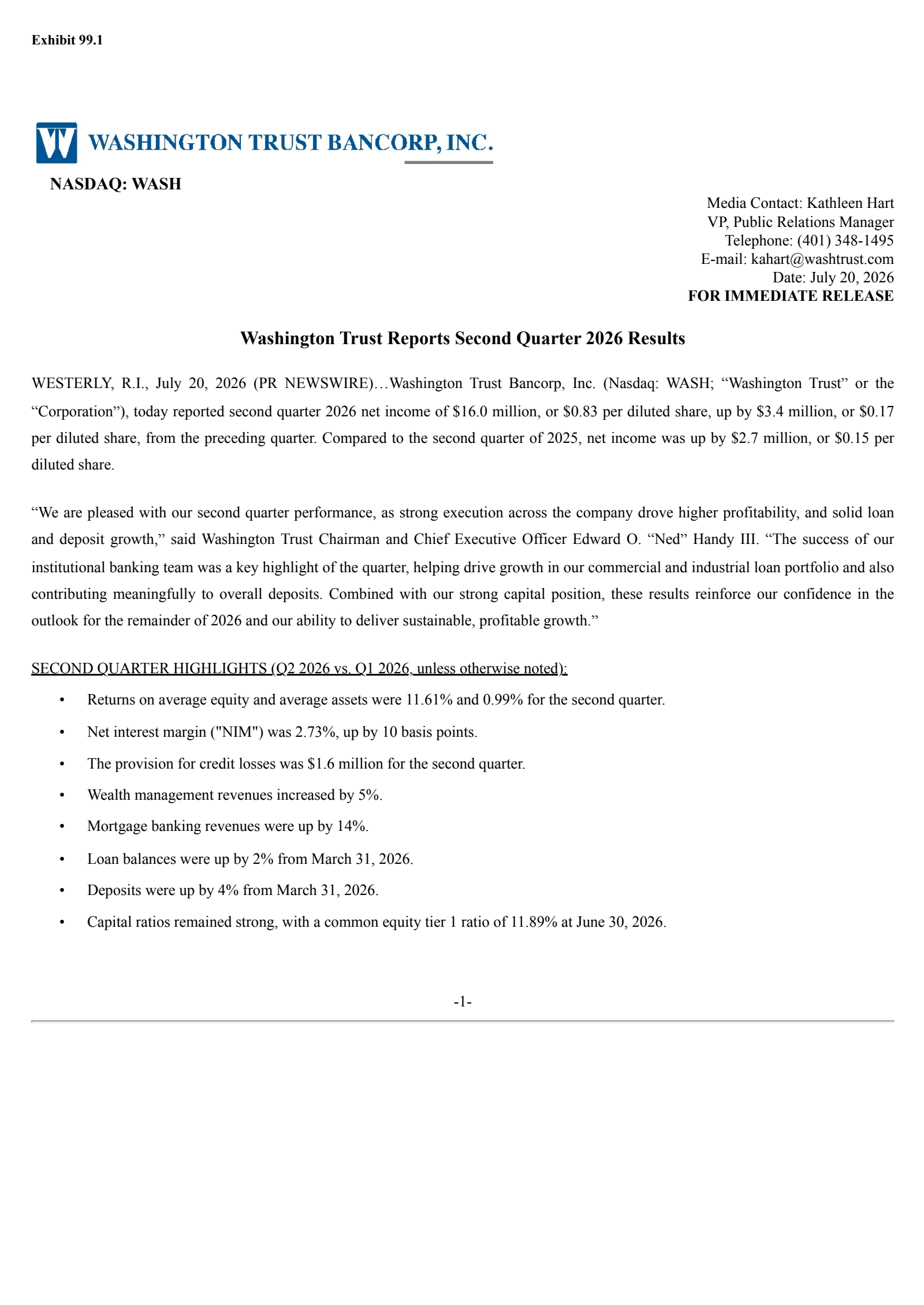 Washington Trust Bancorp's Q2 2026 Press Release