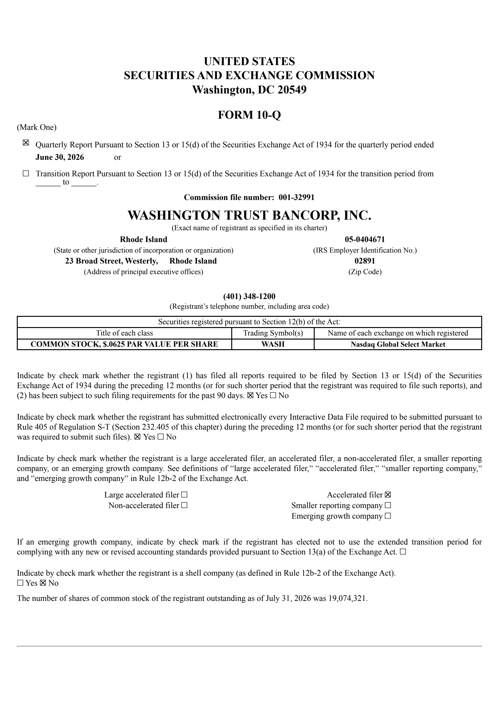 Washington Trust Bancorp's Q2 2026 Quarterly report