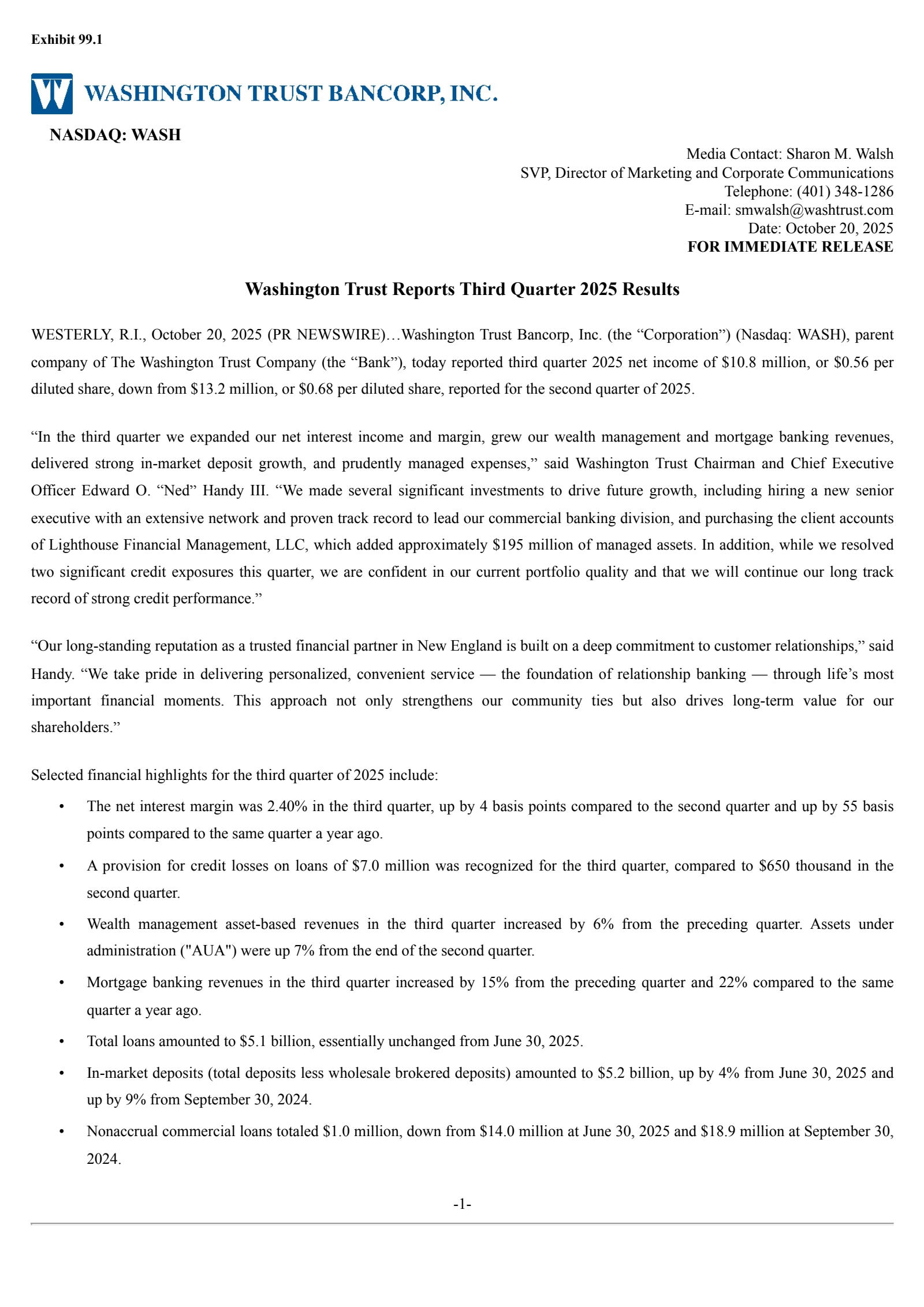 Washington Trust Bancorp's Q3 2025 Earnings Release