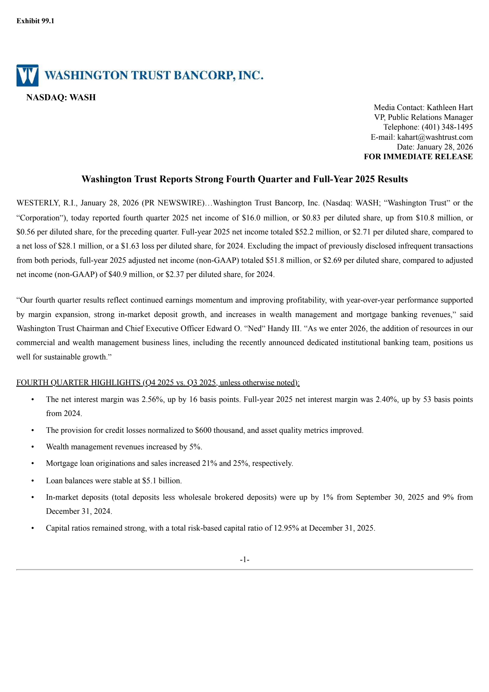 Washington Trust Bancorp's Q4 2025 Press Release
