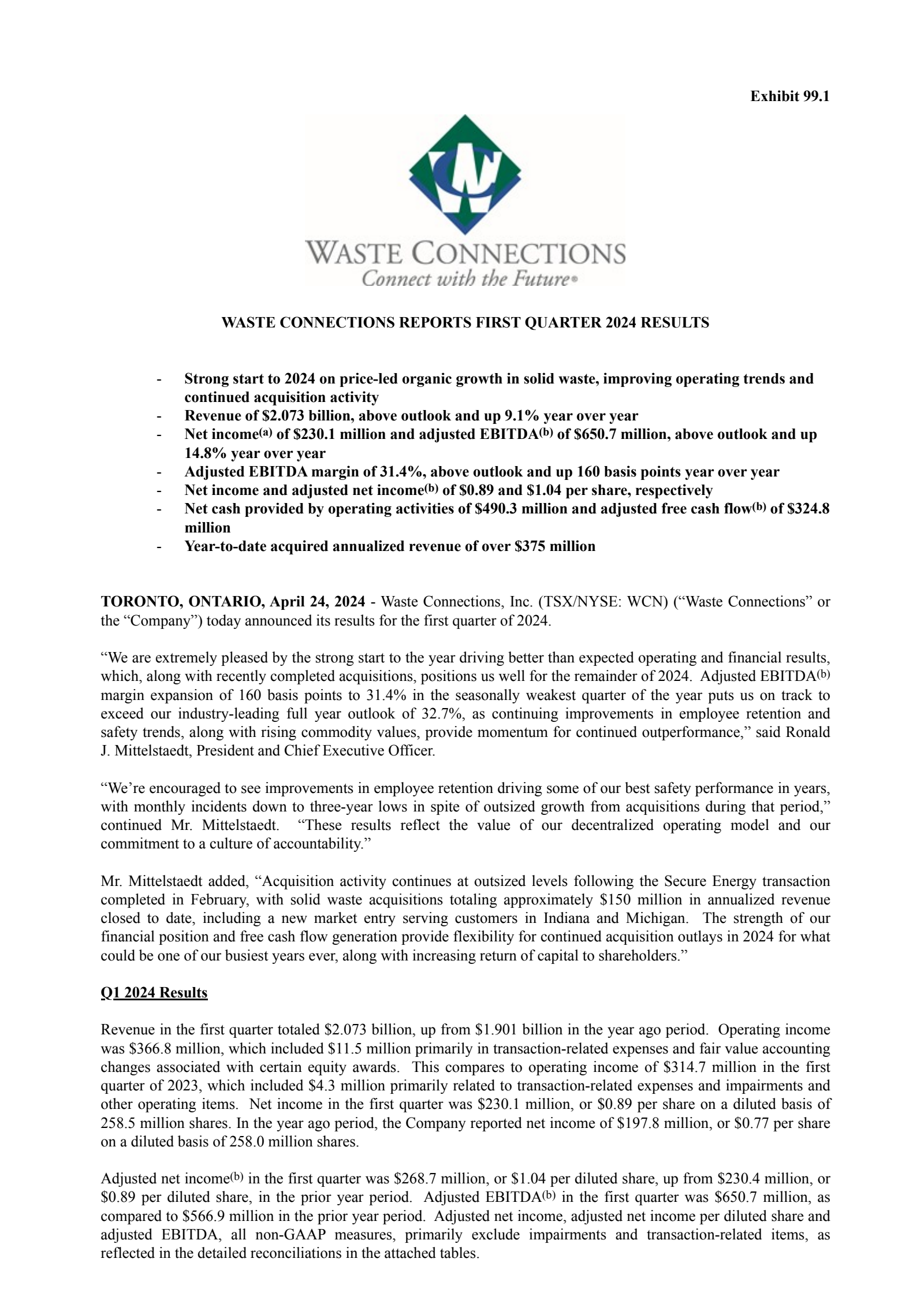 Waste Connections' Q1 2024 Press Release