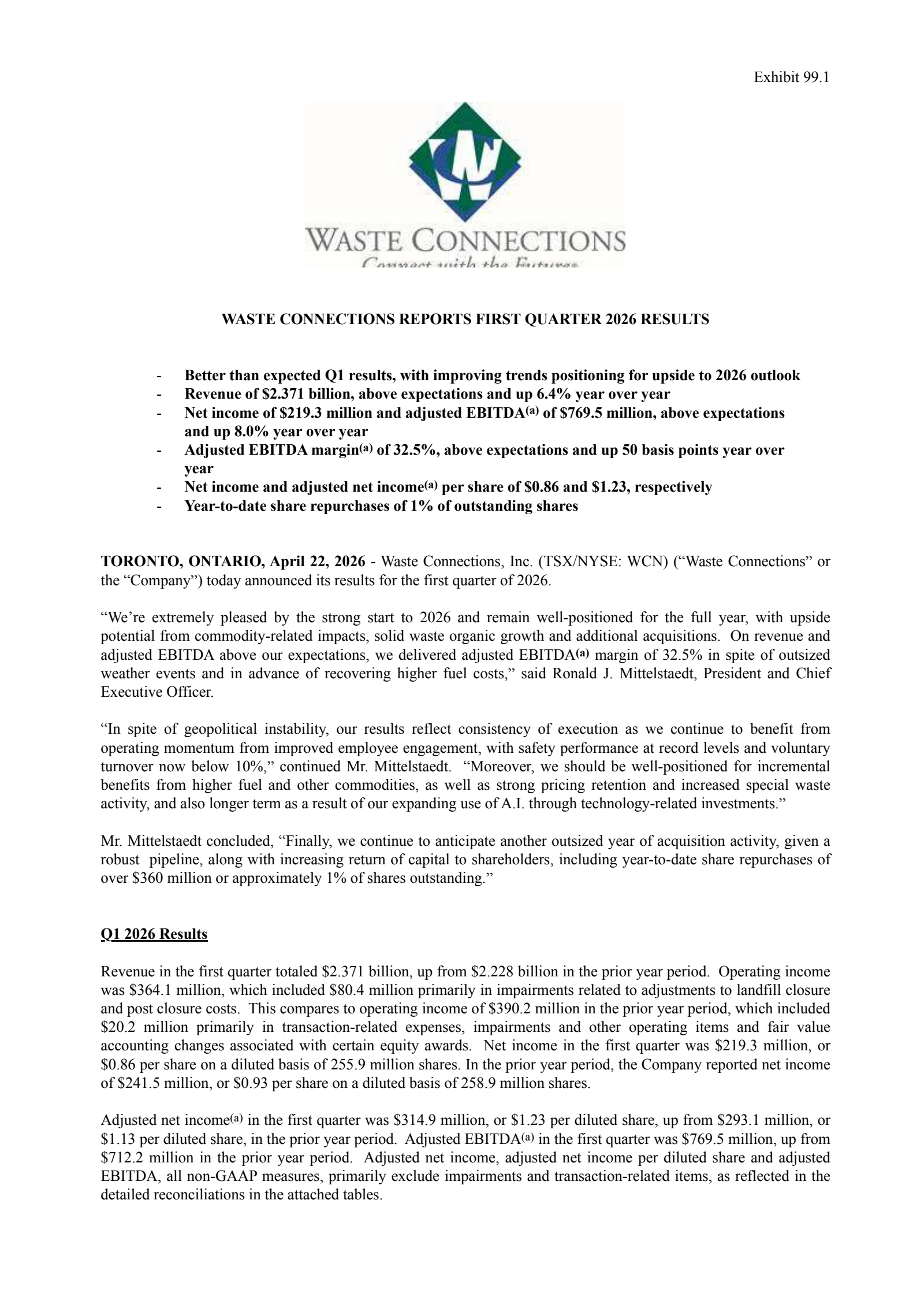 Waste Connections' Q1 2026 Press Release