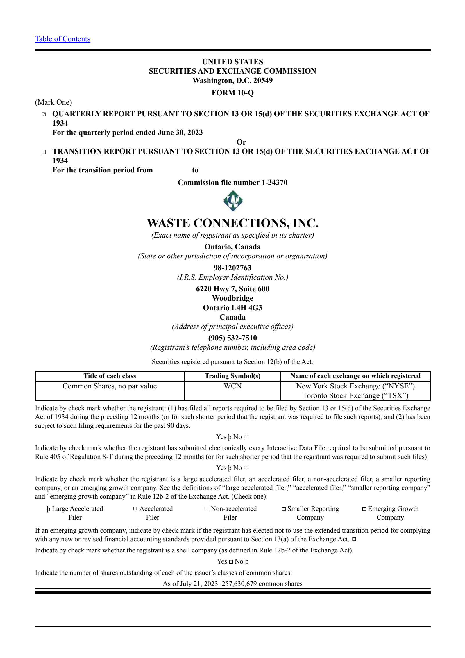 Waste Connections' Q2 2023 Quarterly report