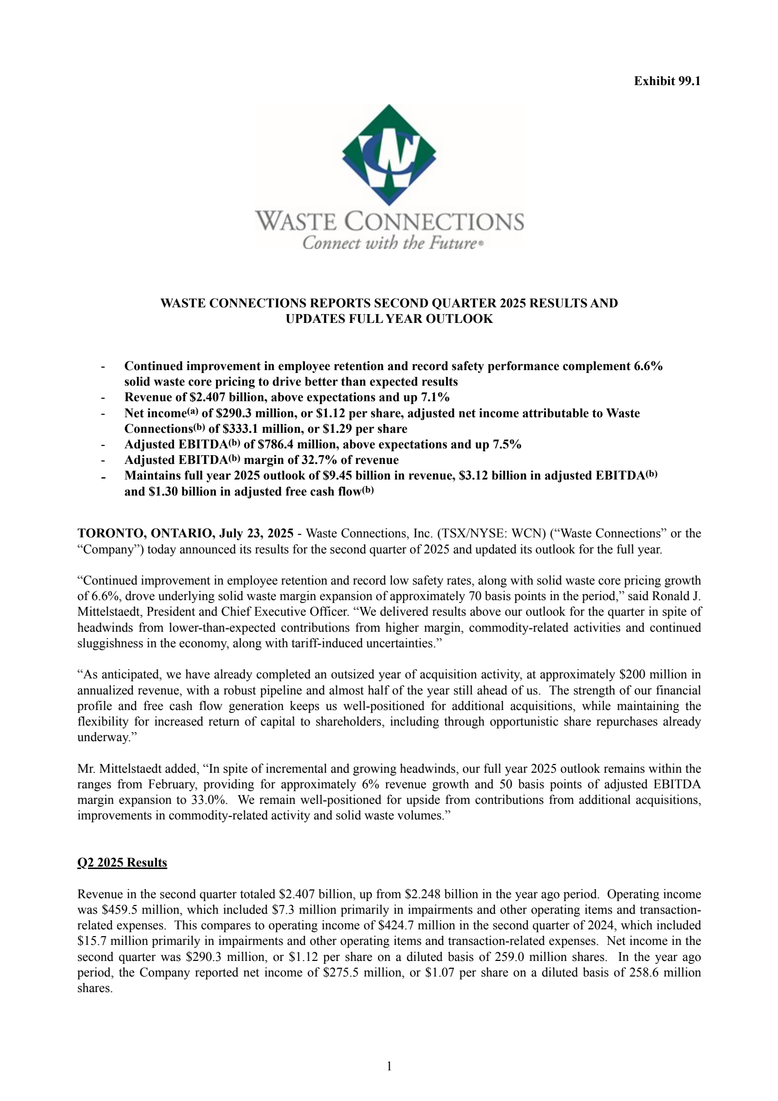 Waste Connections' Q2 2025 Press Release