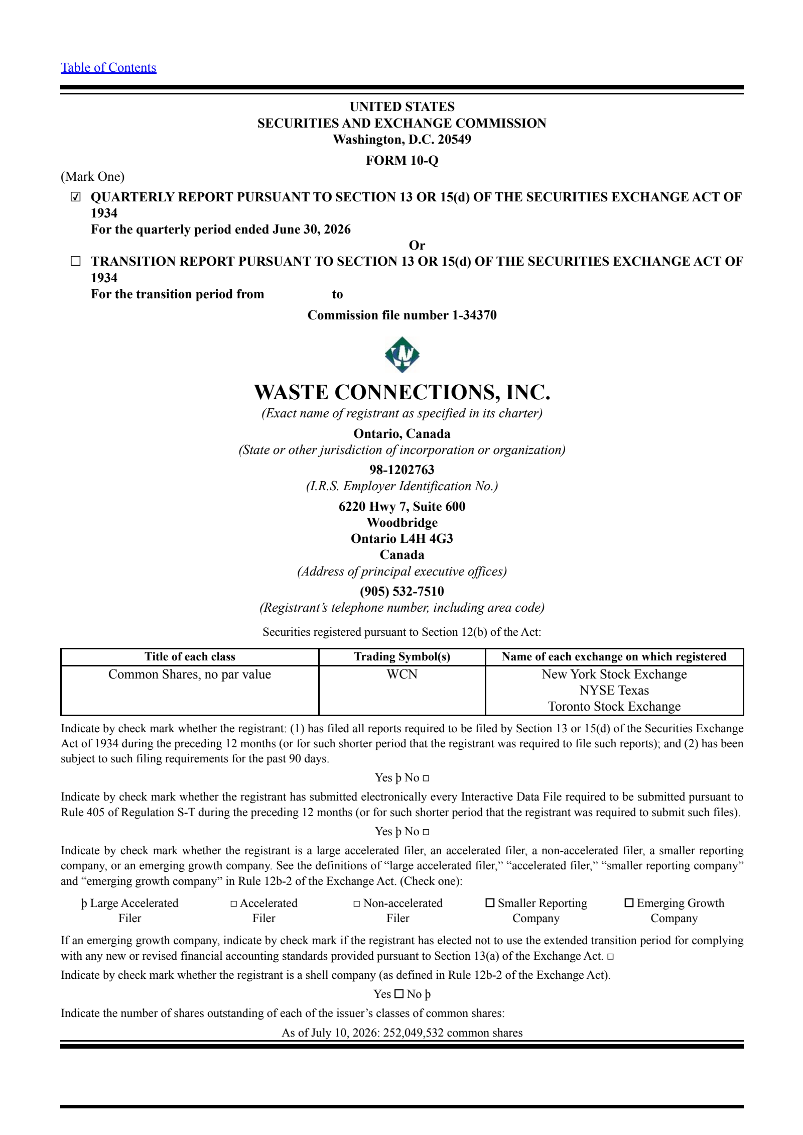 Waste Connections' Q2 2026 Quarterly report