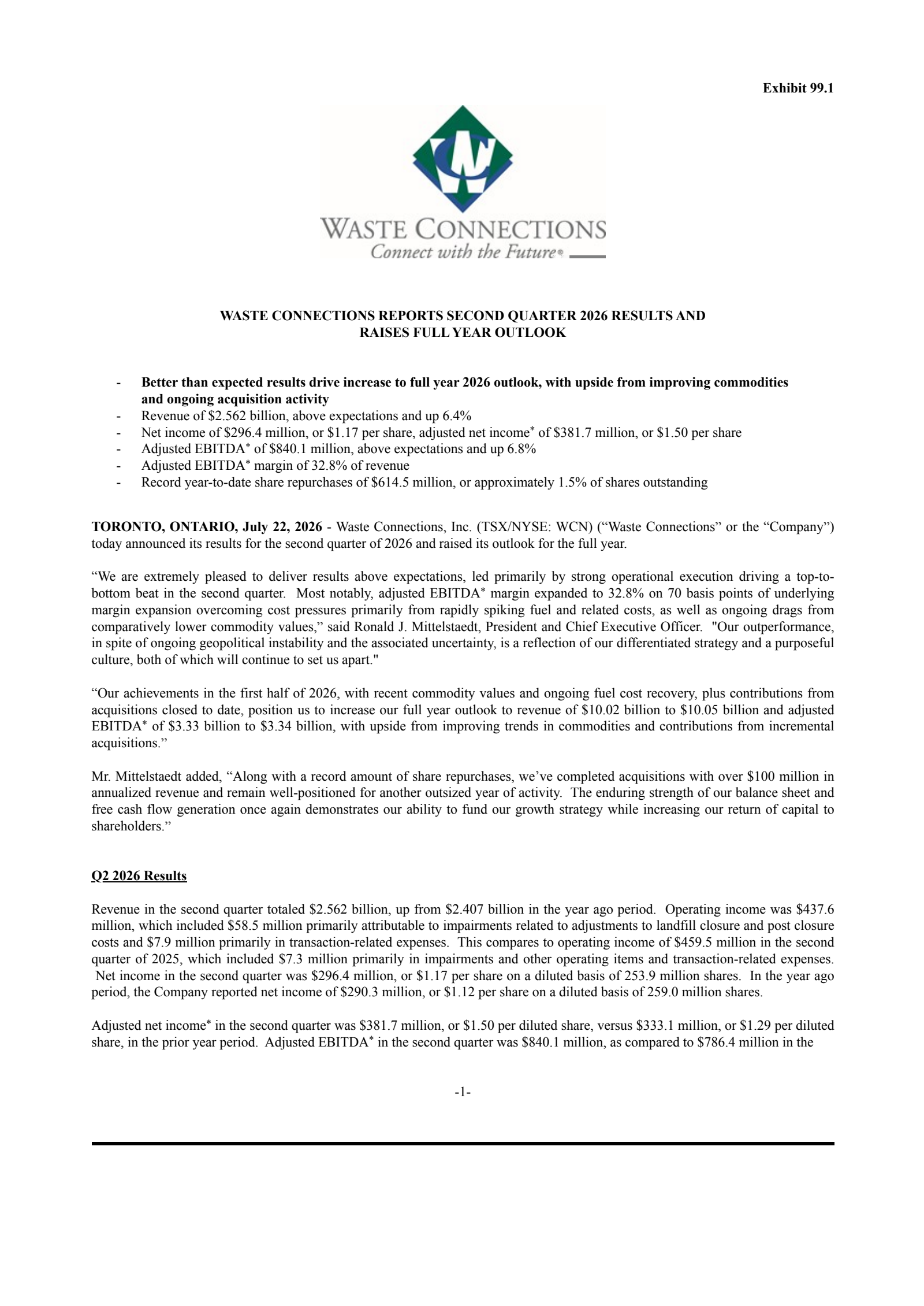 Waste Connections' Q2 2026 Press Release