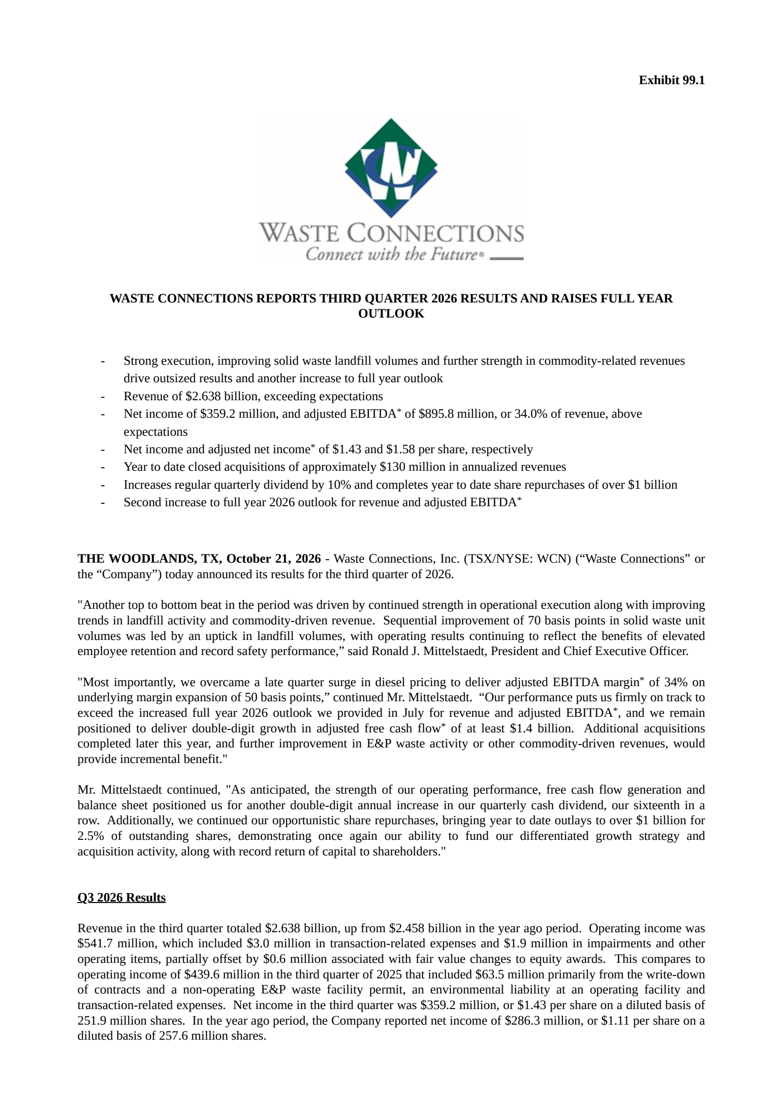Waste Connections' Q3 2026 Press Release
