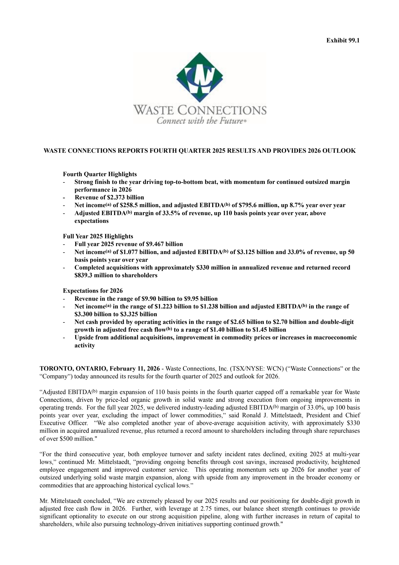 Waste Connections' Q4 2025 Press Release