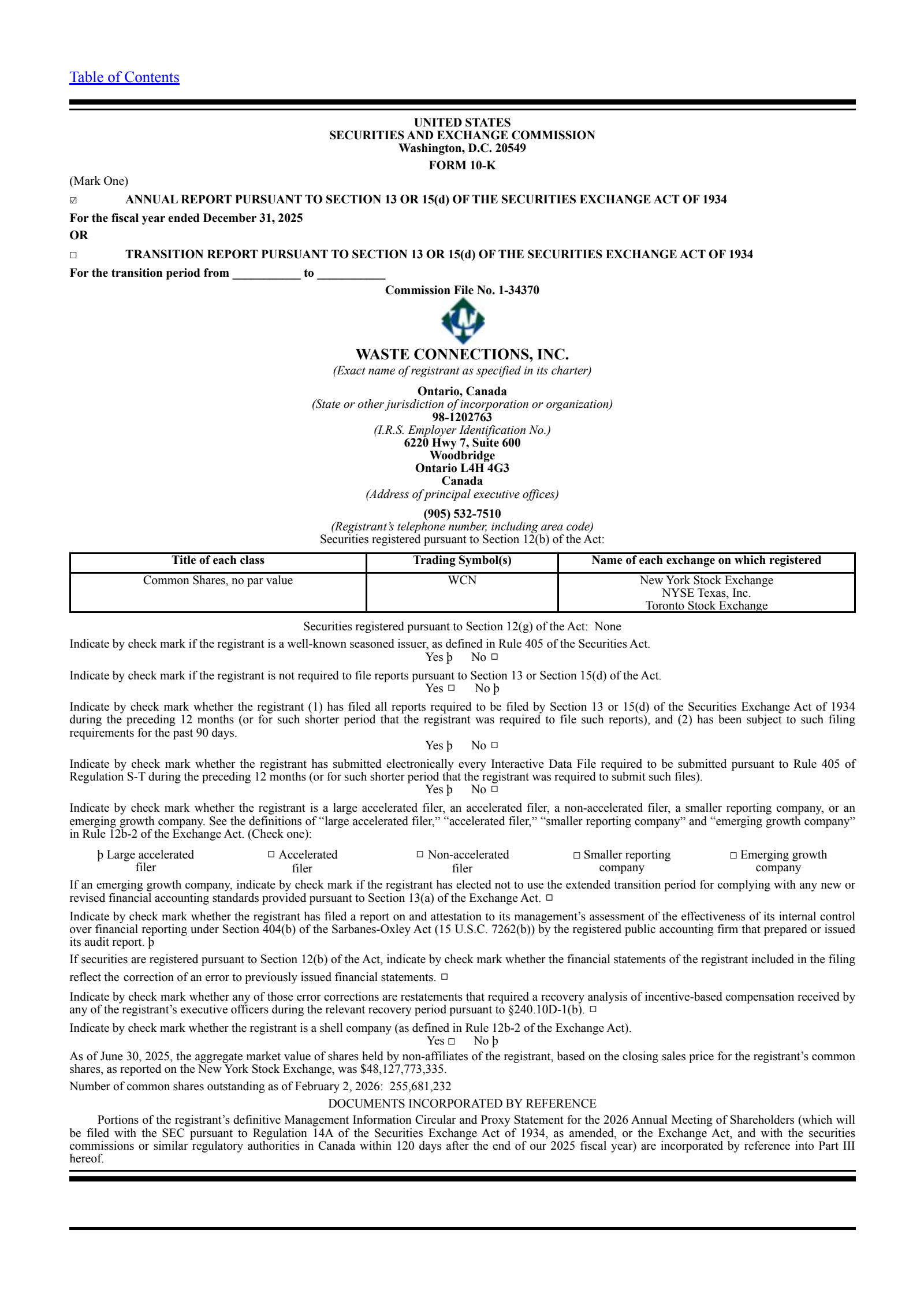 Waste Connections' Q4 2025 Annual report