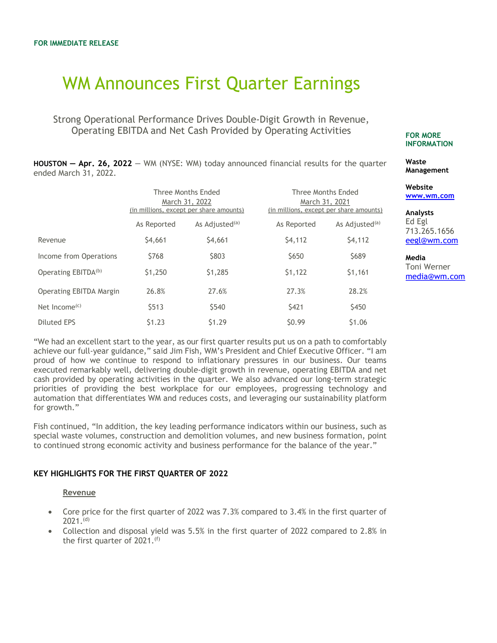 Waste Management's Q1 2022 Press Release