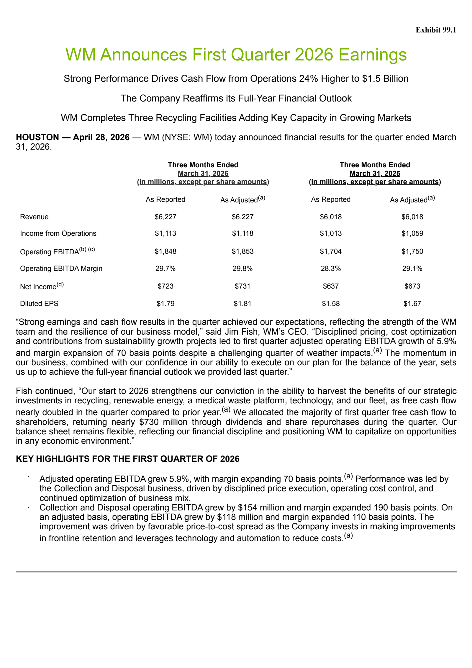 Waste Management's Q1 2026 Press Release