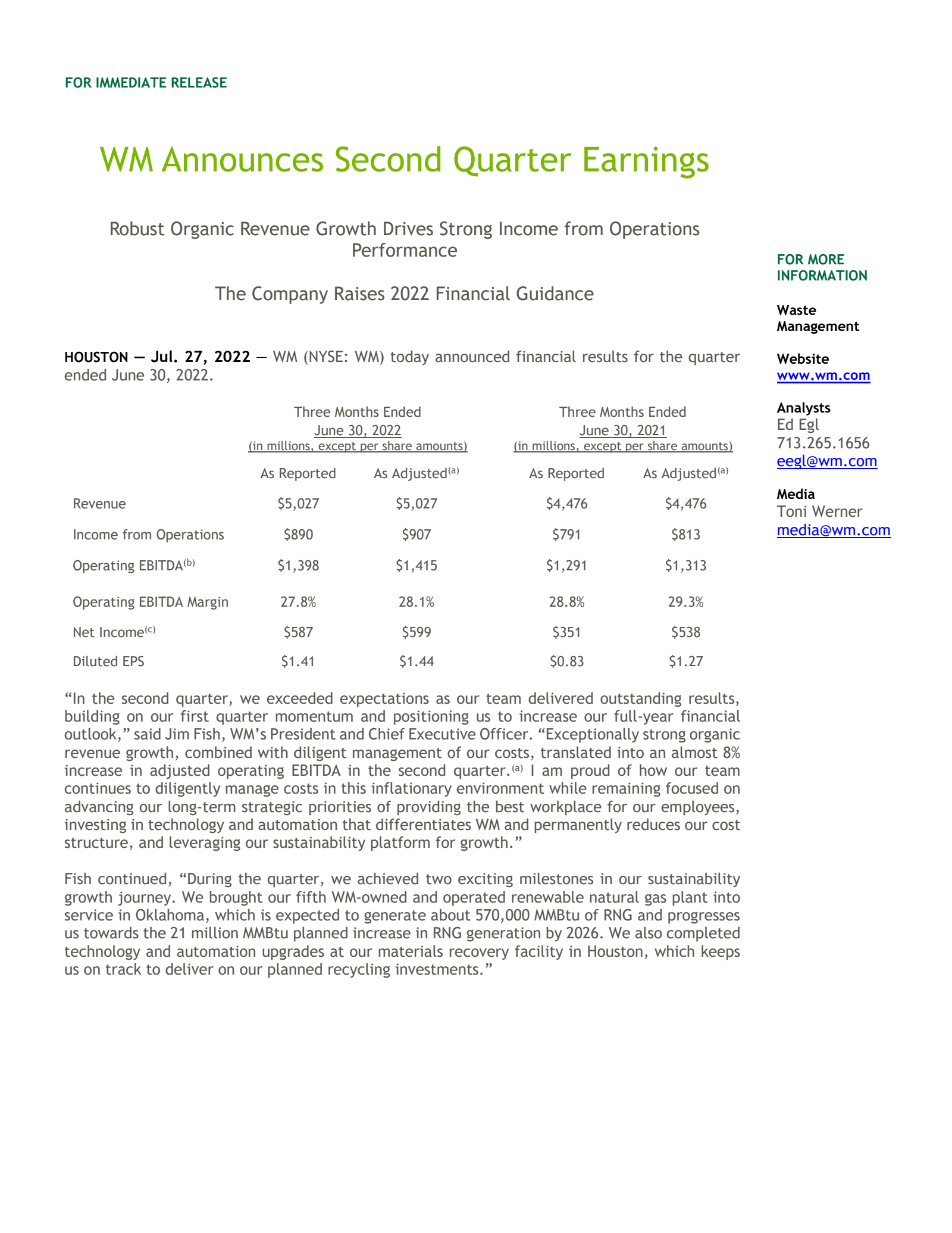 Waste Management's Q2 2022 Press Release