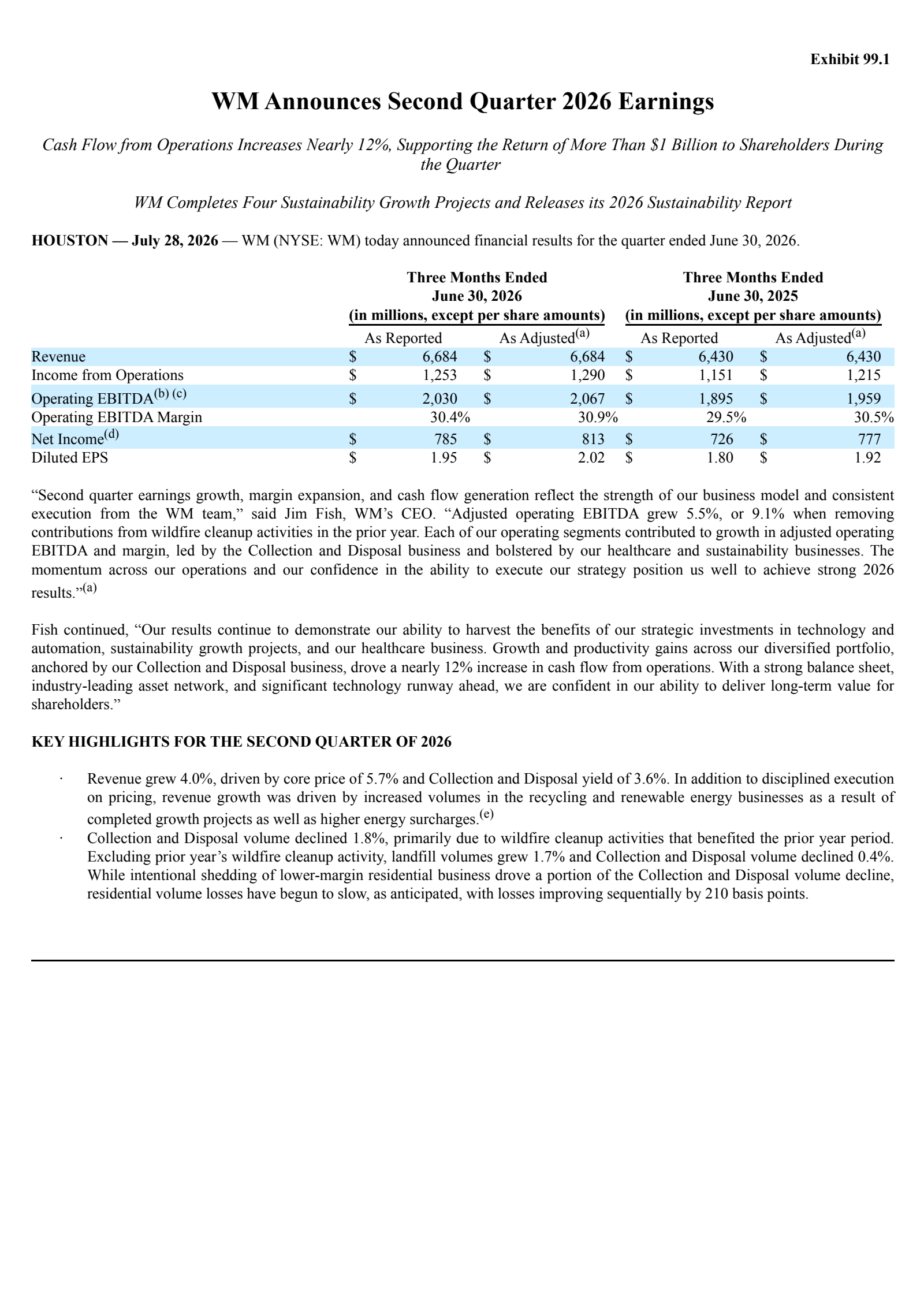 Waste Management's Q2 2026 Press Release