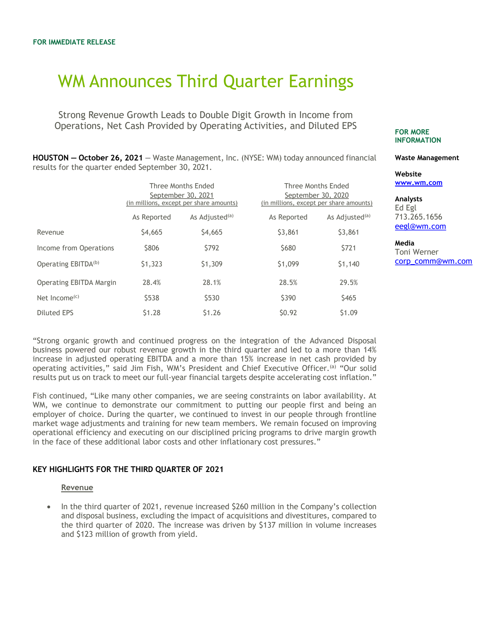 Waste Management's Q3 2021 Press Release