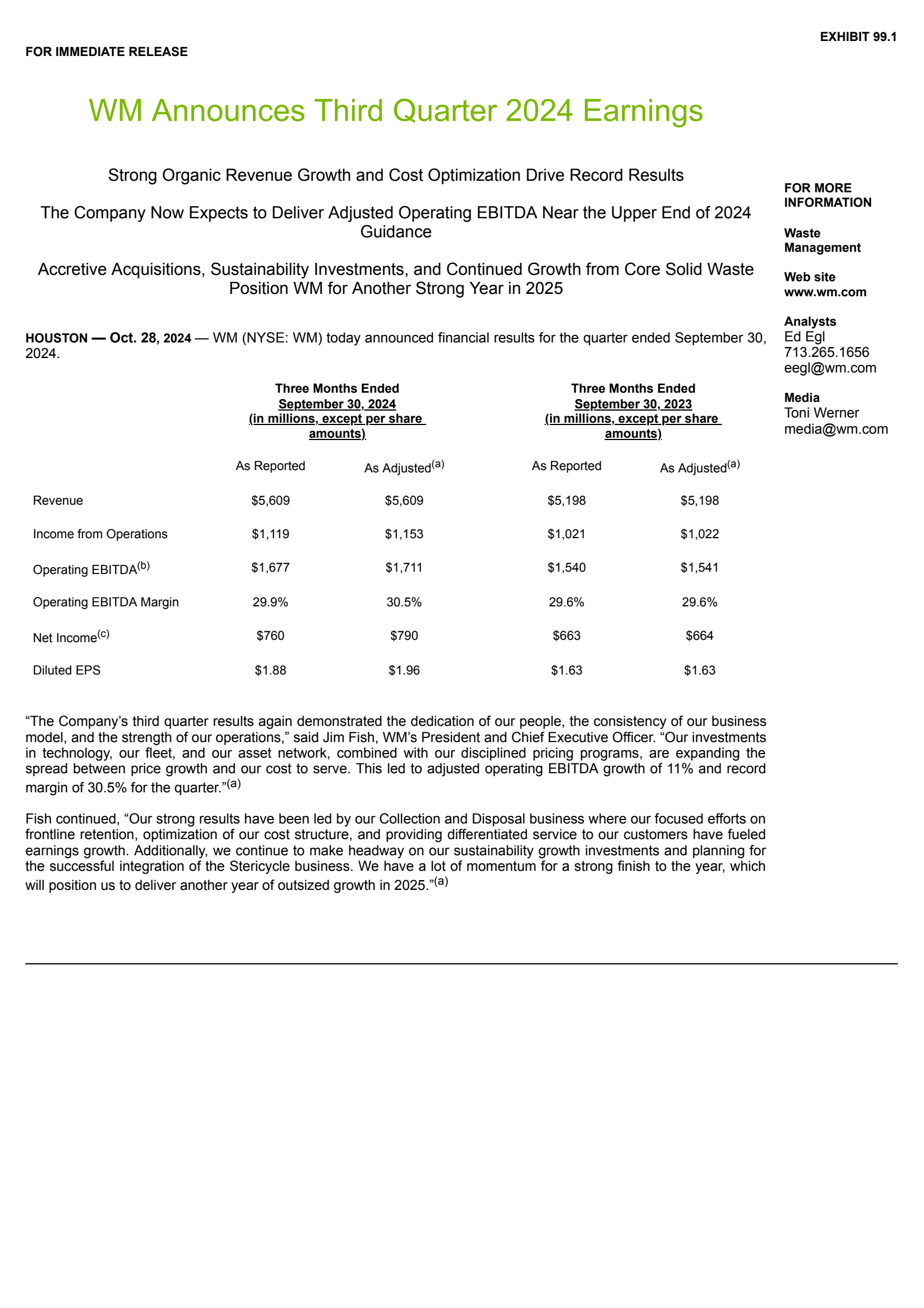 Waste Management's Q3 2024 Press Release