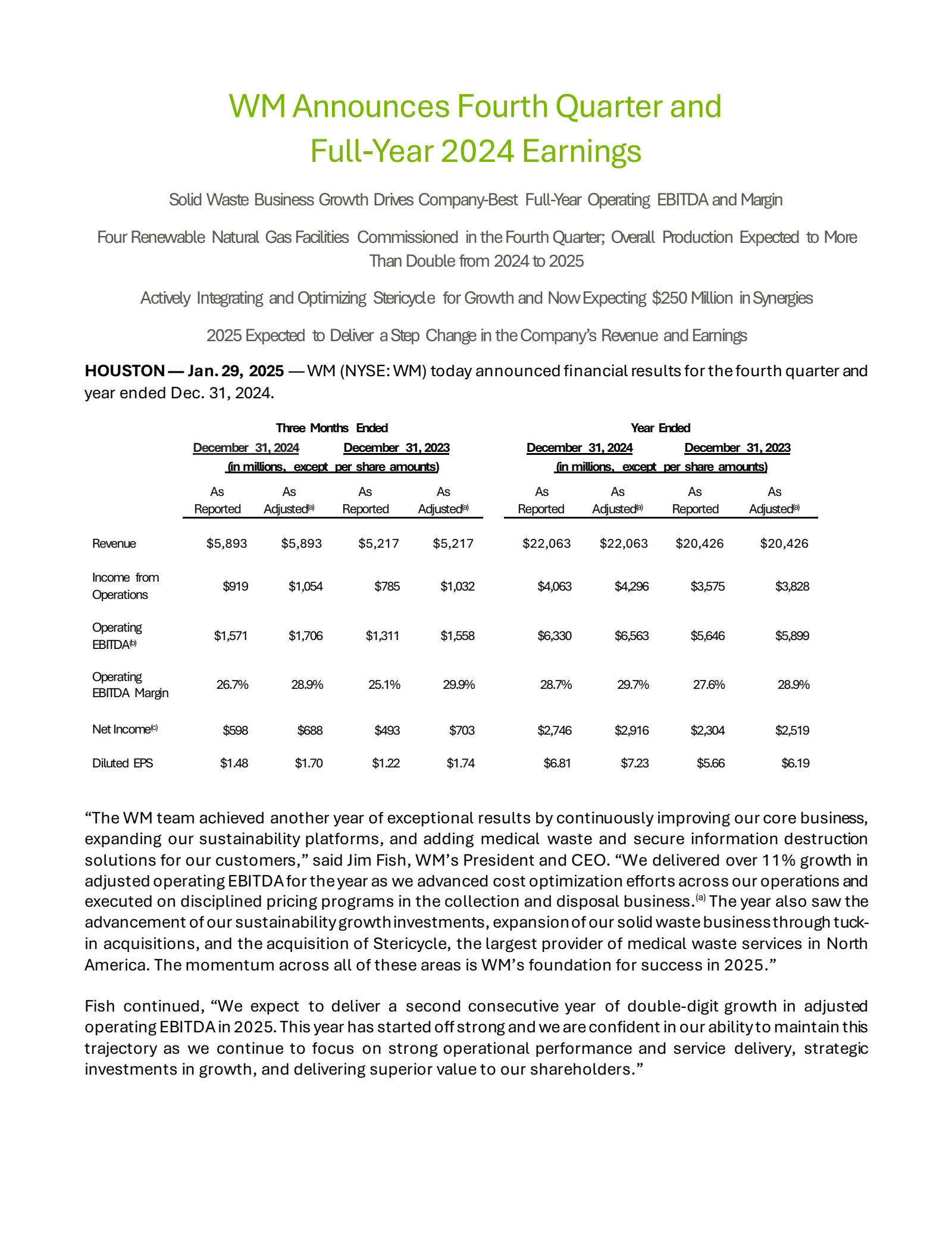 Waste Management's Q4 2024 Press Release