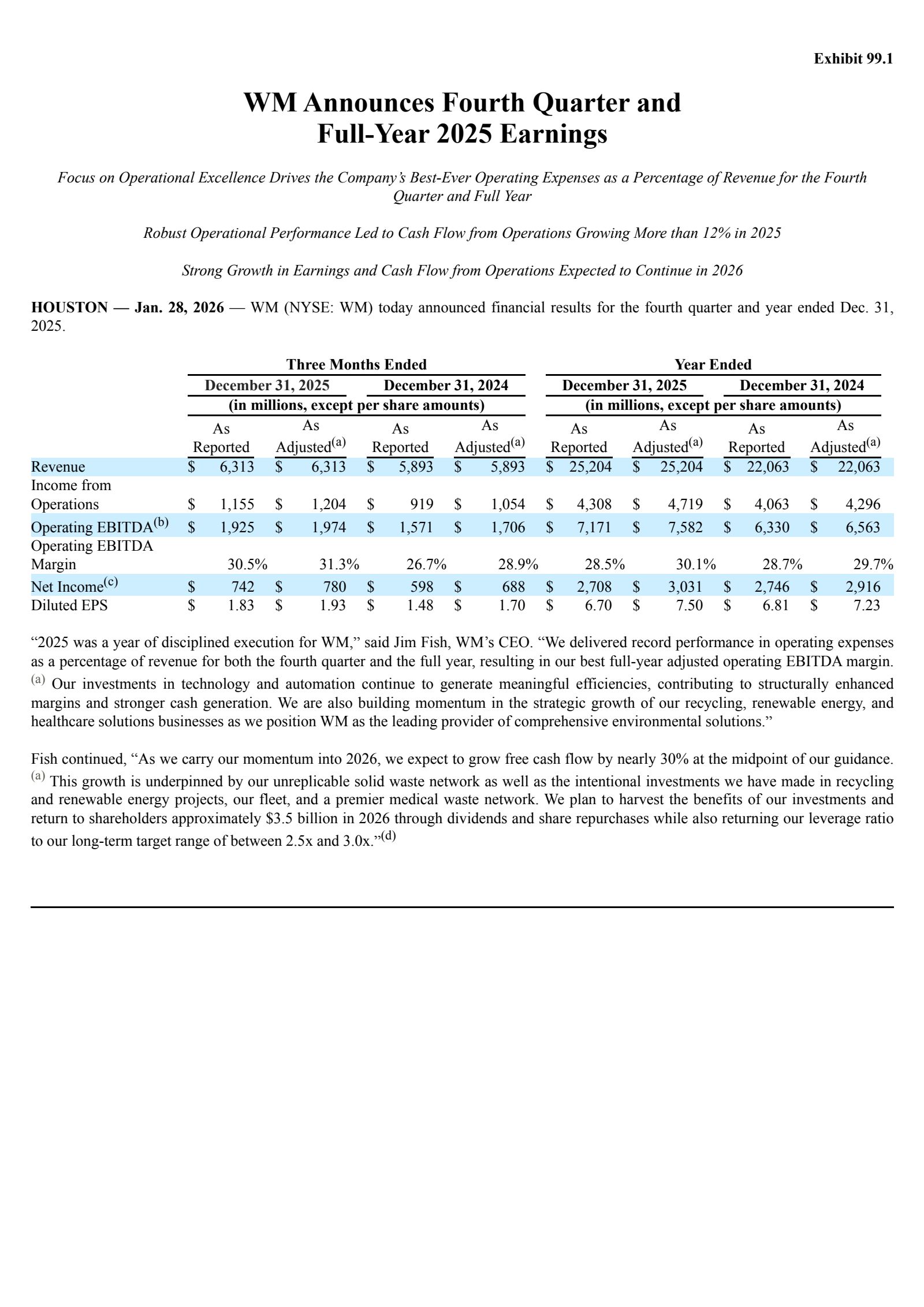 Waste Management's Q4 2025 Press Release