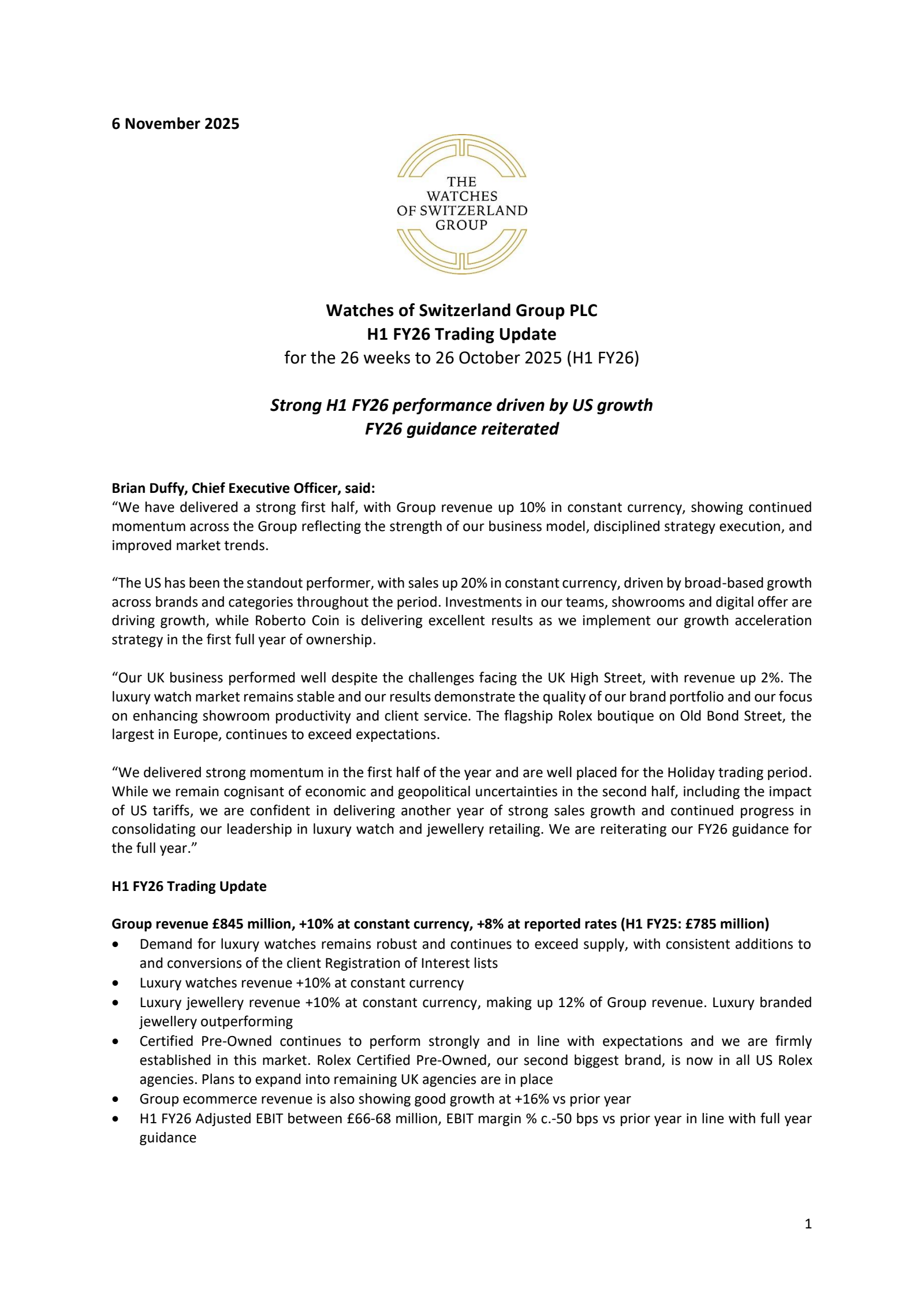 Watches of Switzerland Group's Q2 2026 TU Earnings Release