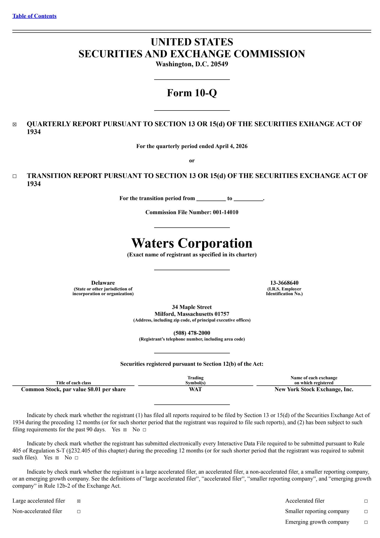 Waters' Q1 2026 Quarterly report
