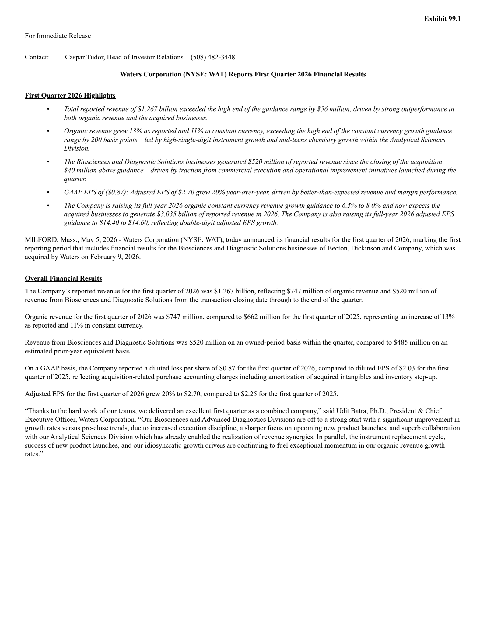 Waters' Q1 2026 Press Release