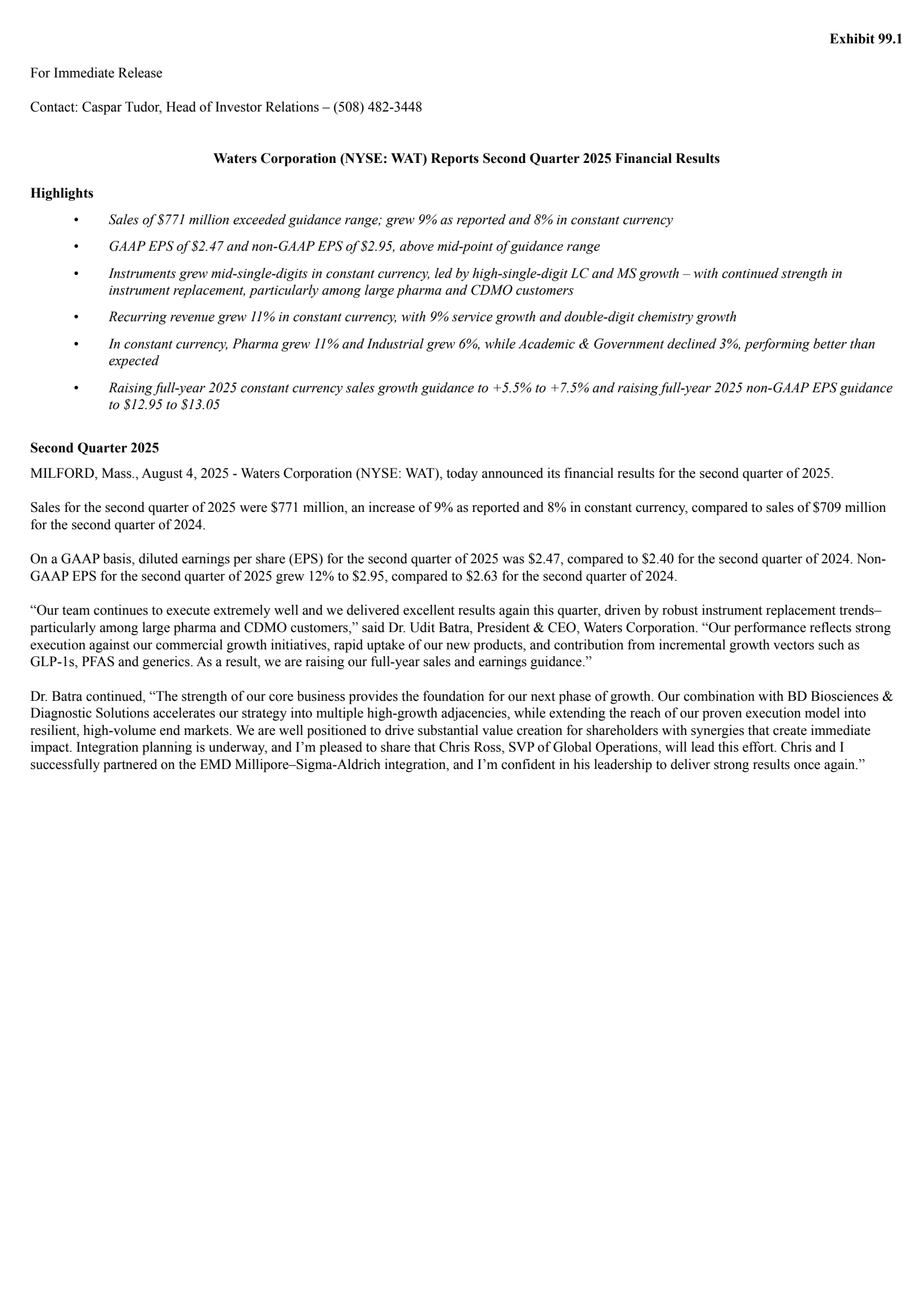 Waters' Q2 2025 Press Release