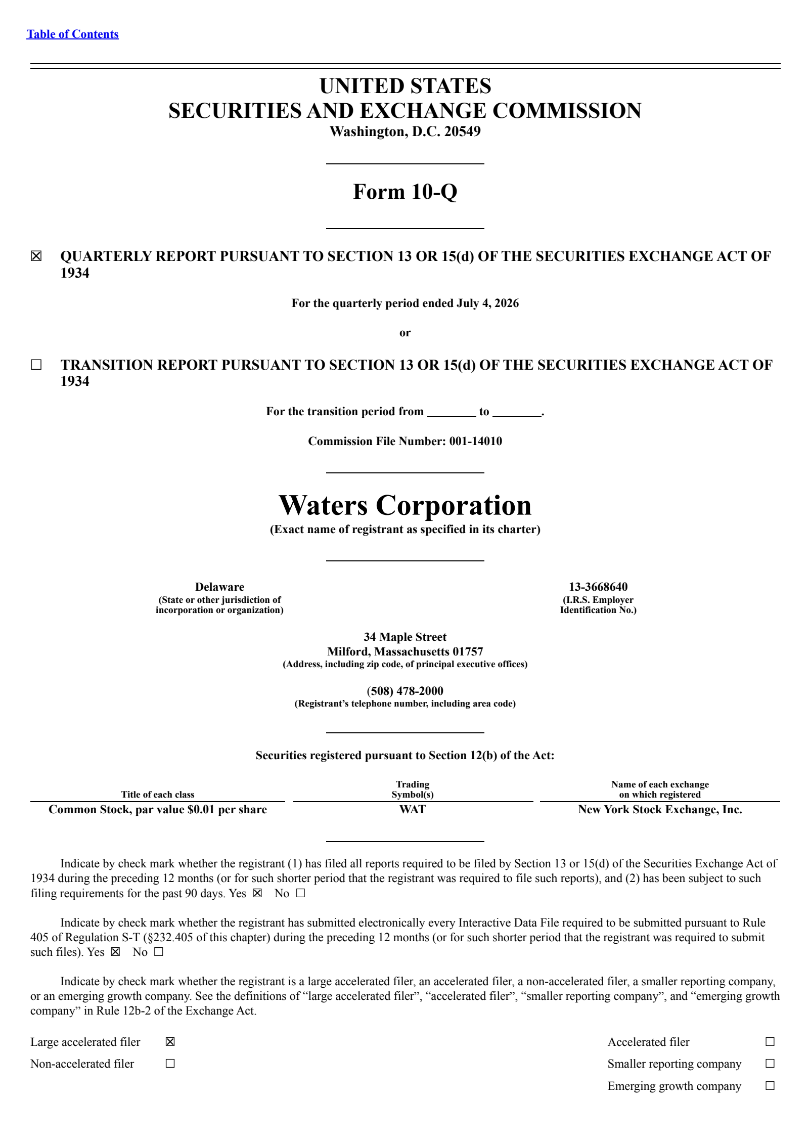 Waters' Q2 2026 Quarterly report