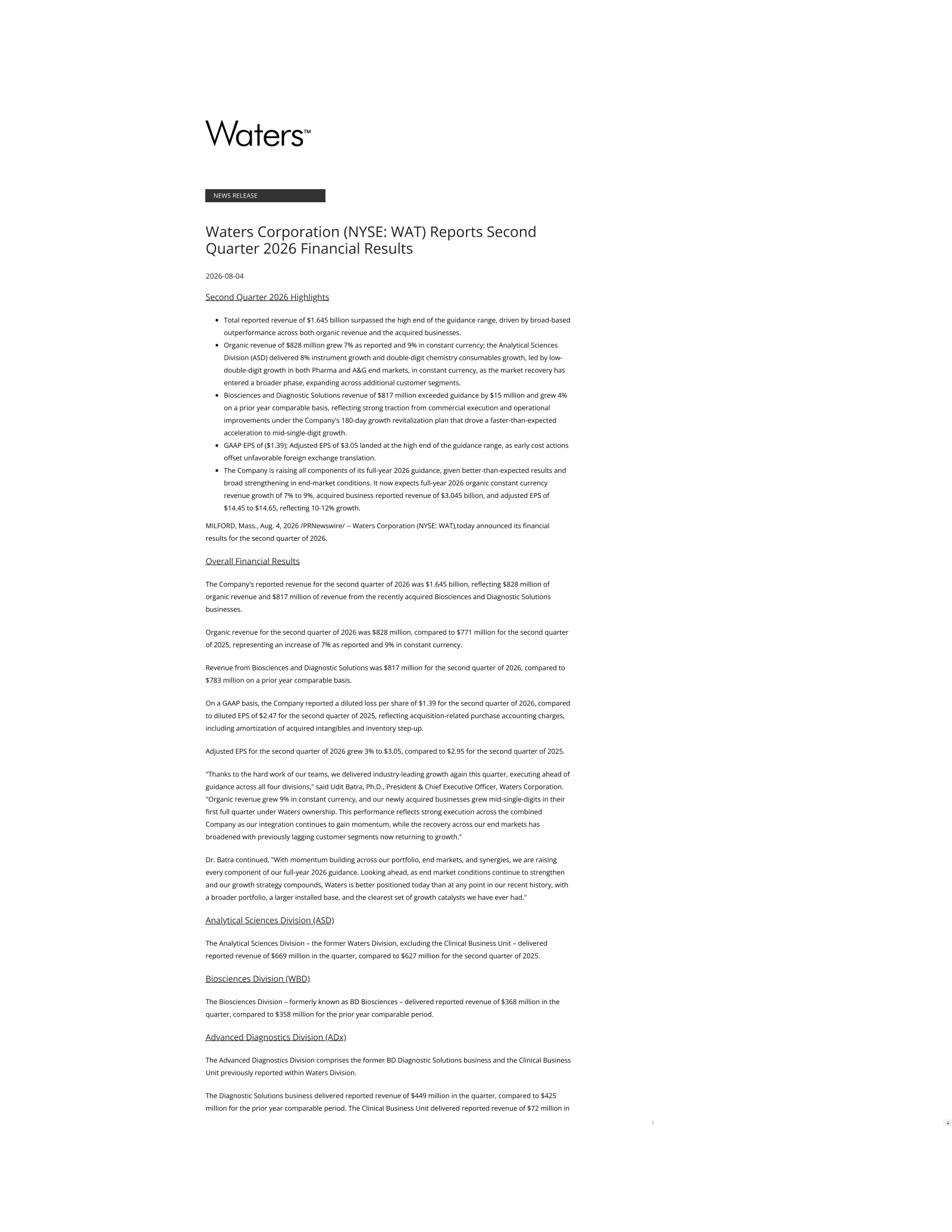 Waters' Q2 2026 Press Release