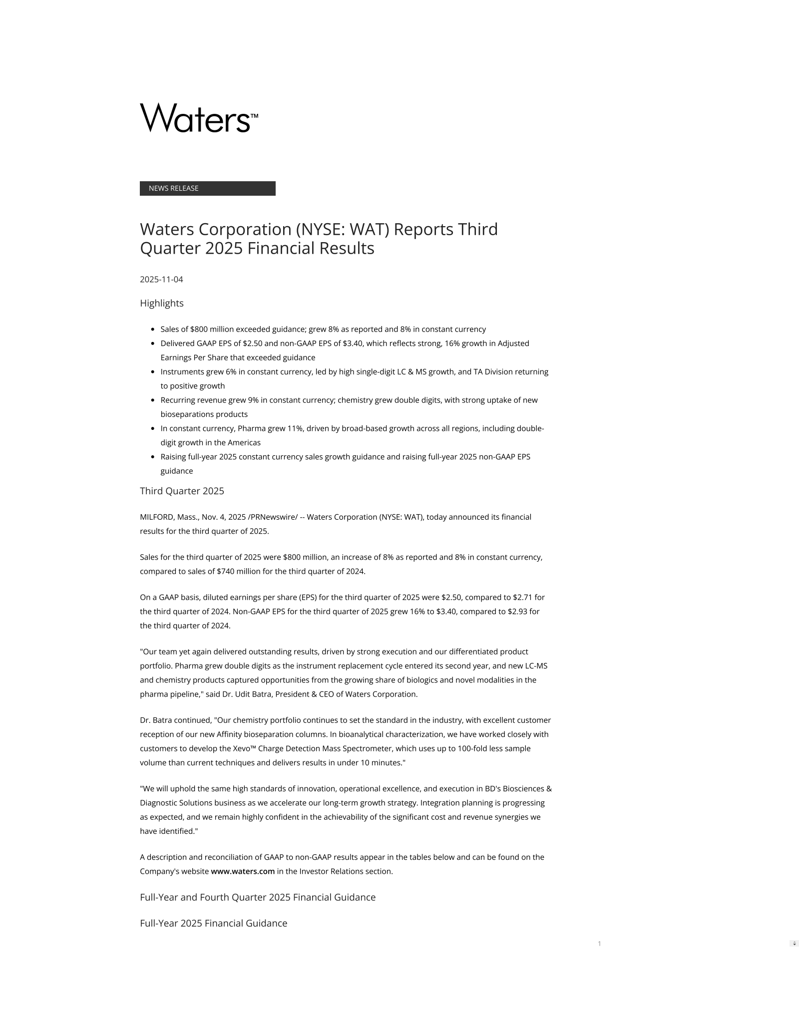 Waters' Q3 2025 Earnings Release