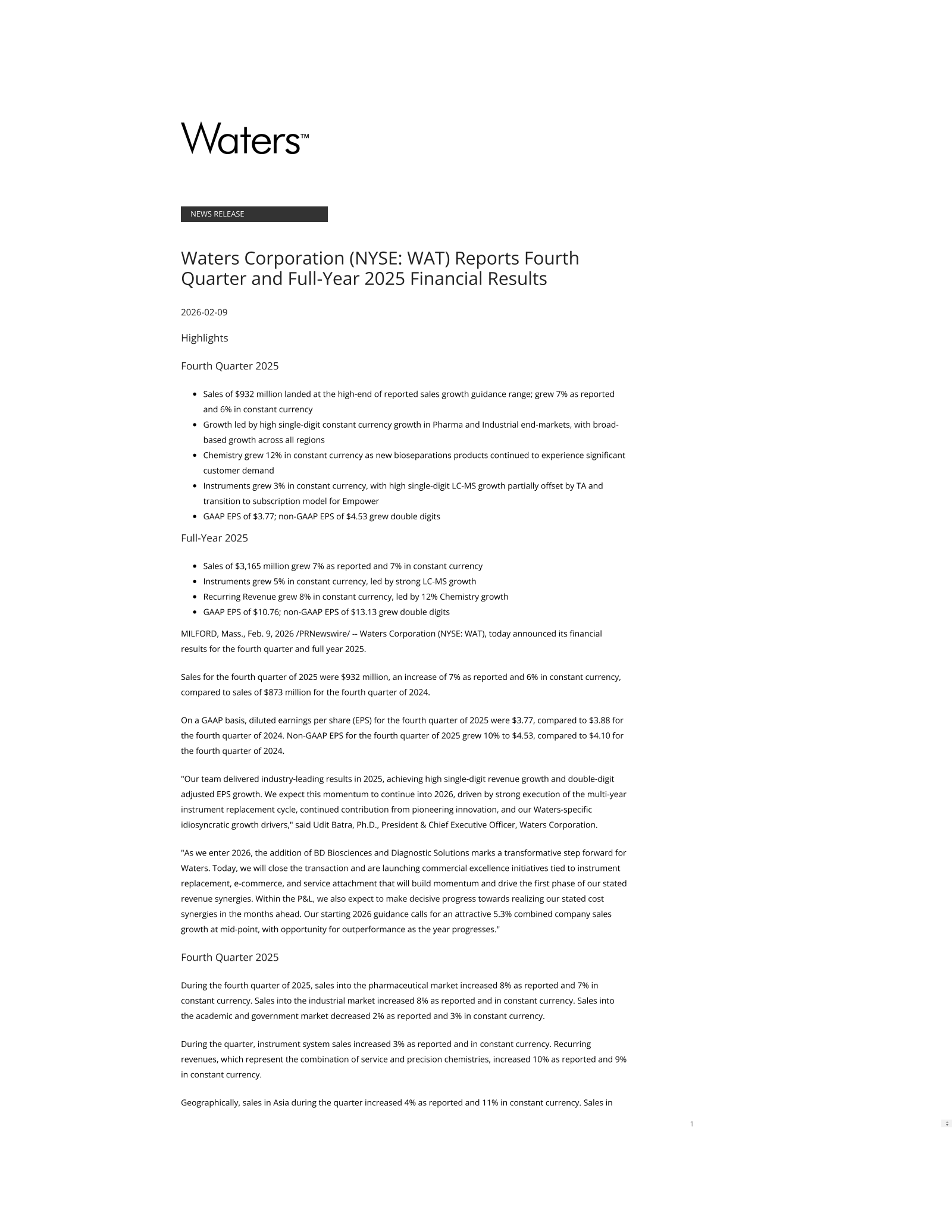 Waters' Q4 2025 Press Release