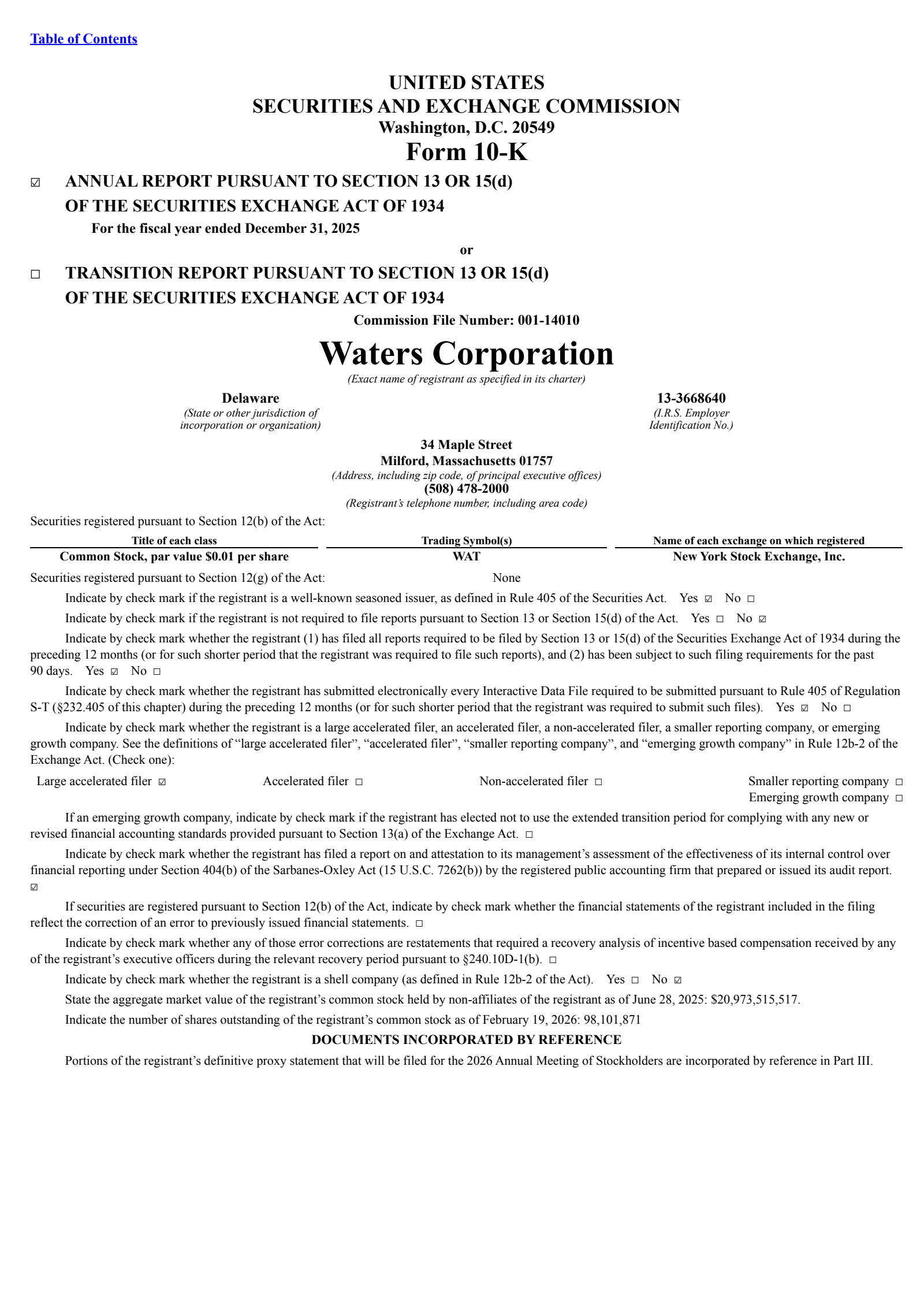 Waters' Q4 2025 Annual report
