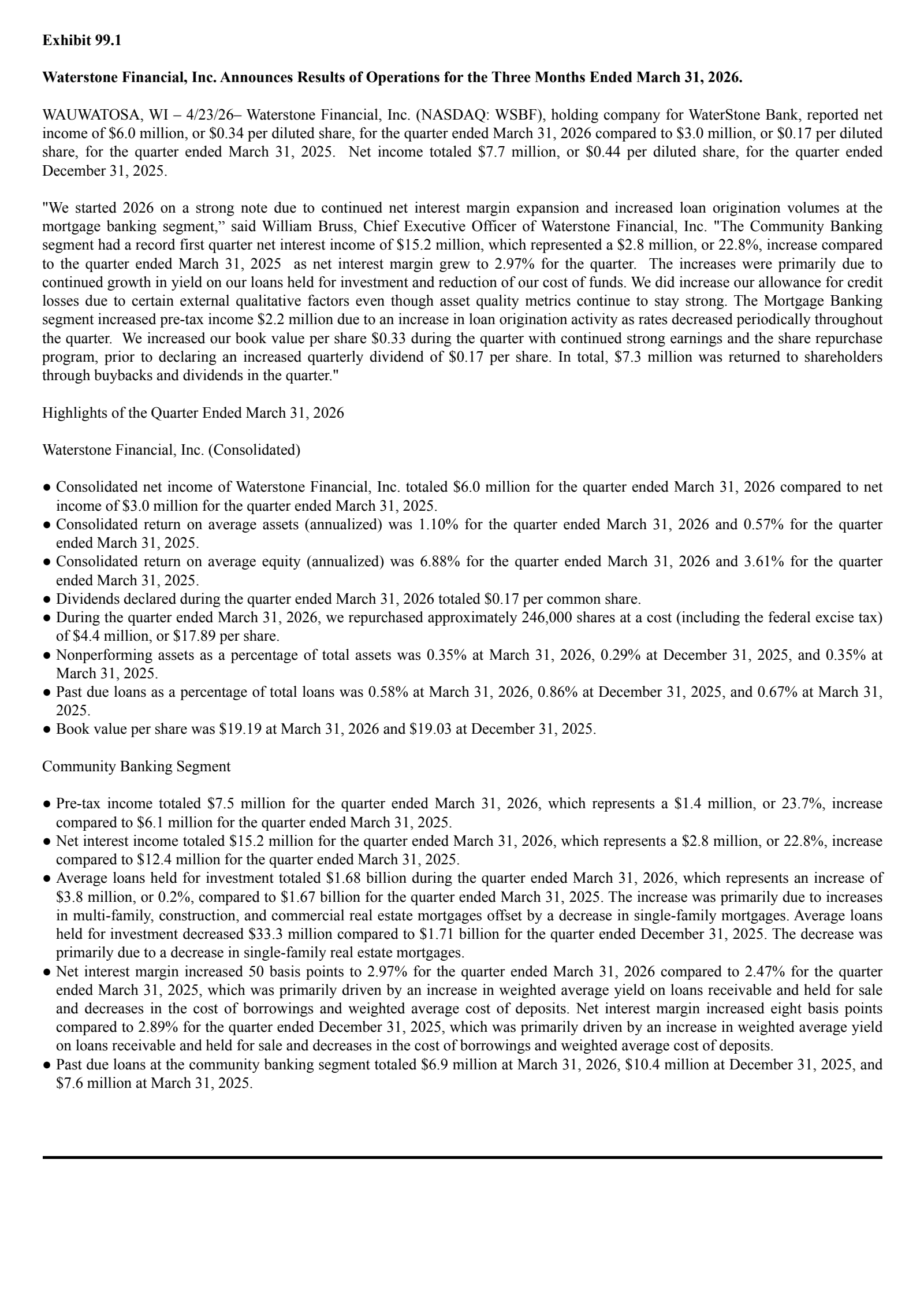 Waterstone Financial's Q1 2026 Press Release