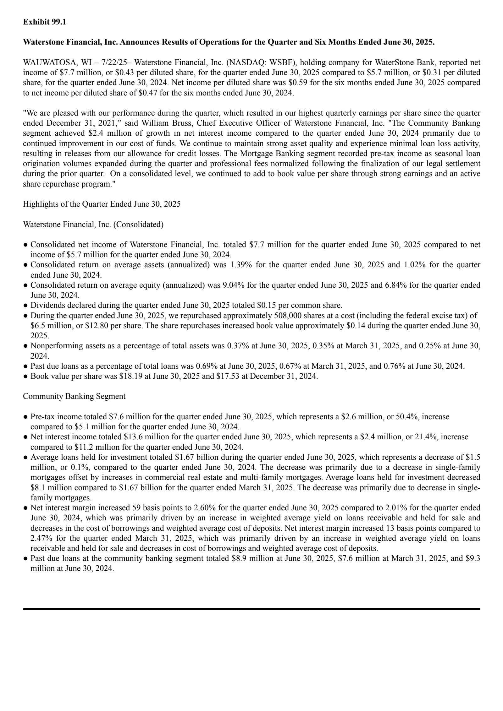 Waterstone Financial's Q2 2025 Press Release