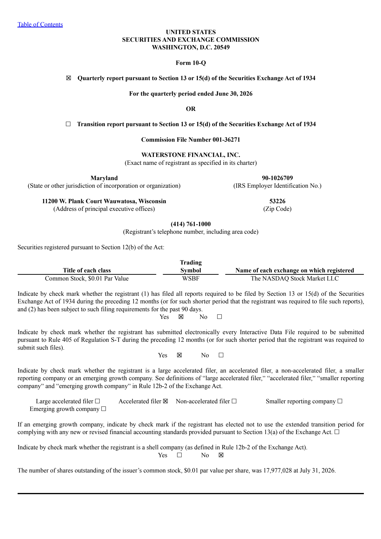 Waterstone Financial's Q2 2026 Quarterly report