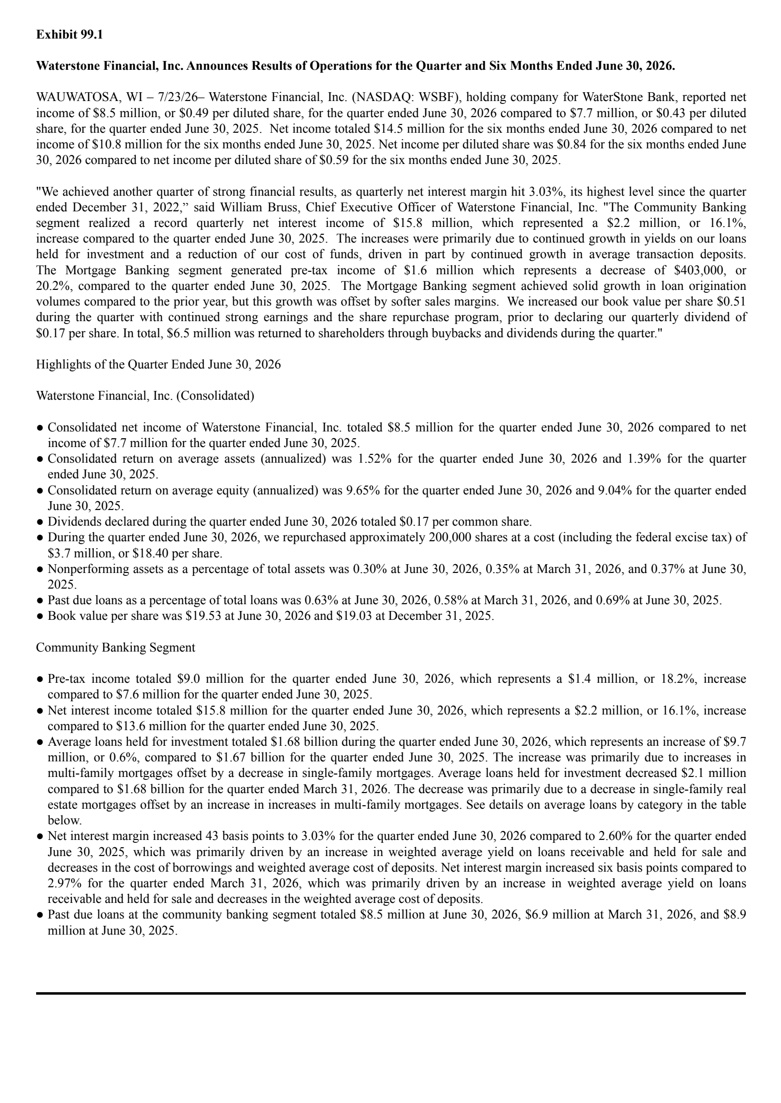 Waterstone Financial's Q2 2026 Press Release