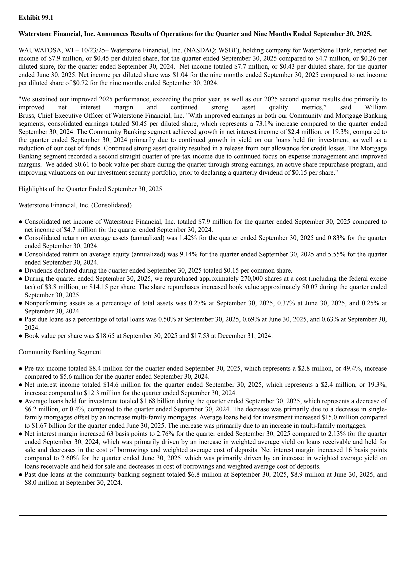 Waterstone Financial's Q3 2025 Earnings Release