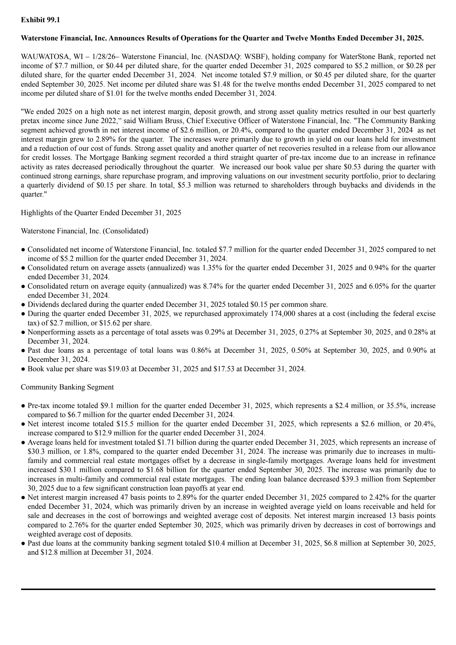 Waterstone Financial's Q4 2025 Press Release