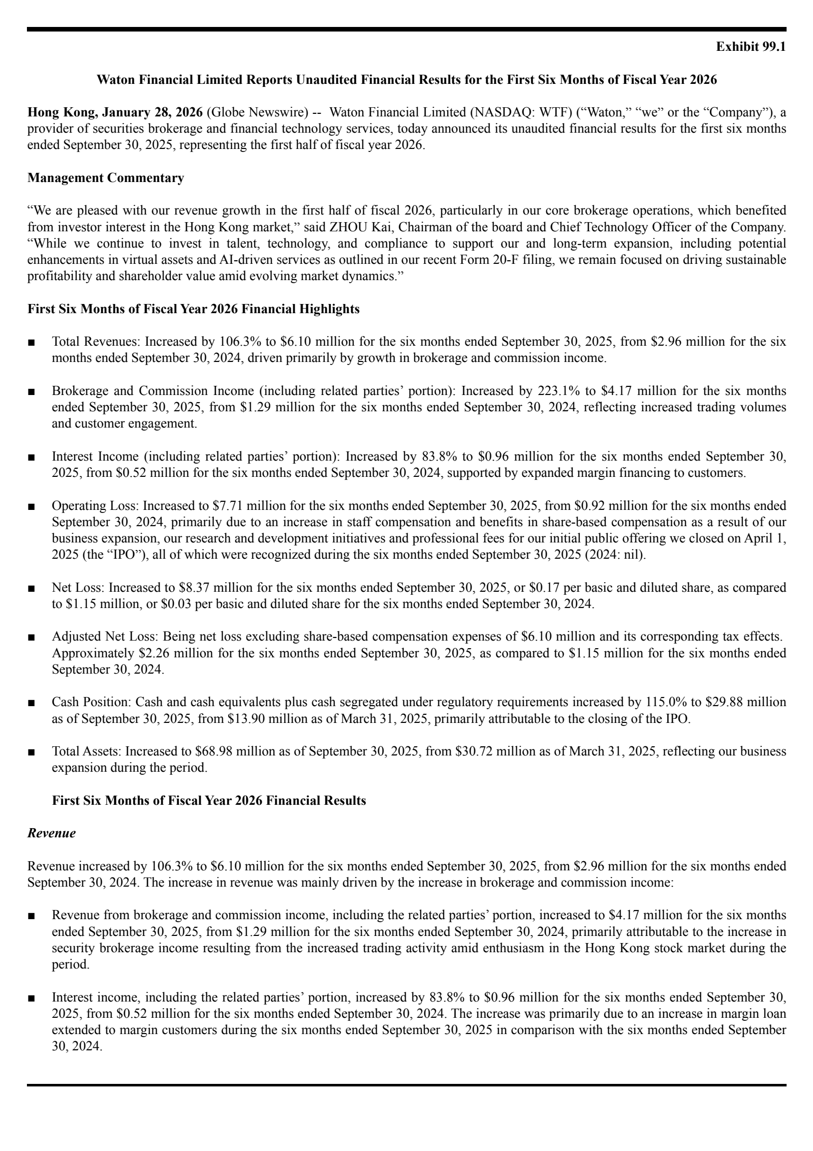 Waton Financial's Q2 2026 Press Release