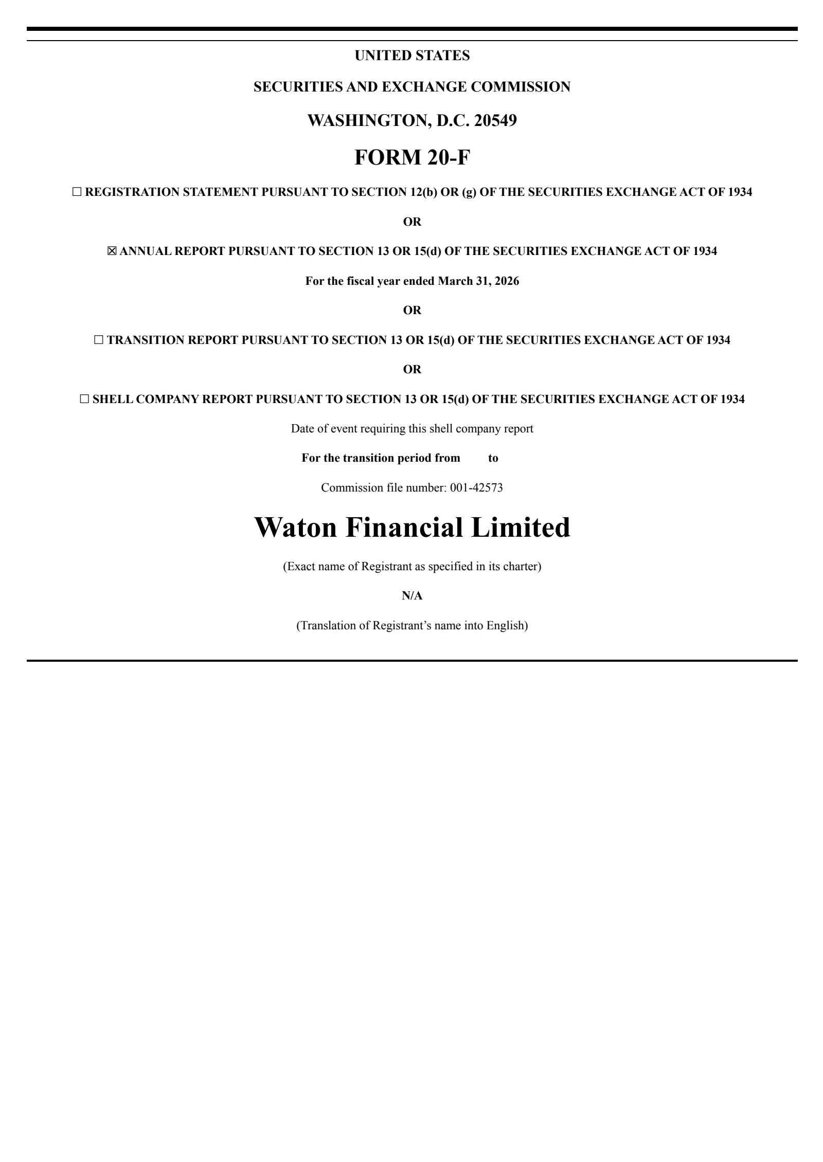 Waton Financial's Q4 2026 Annual report