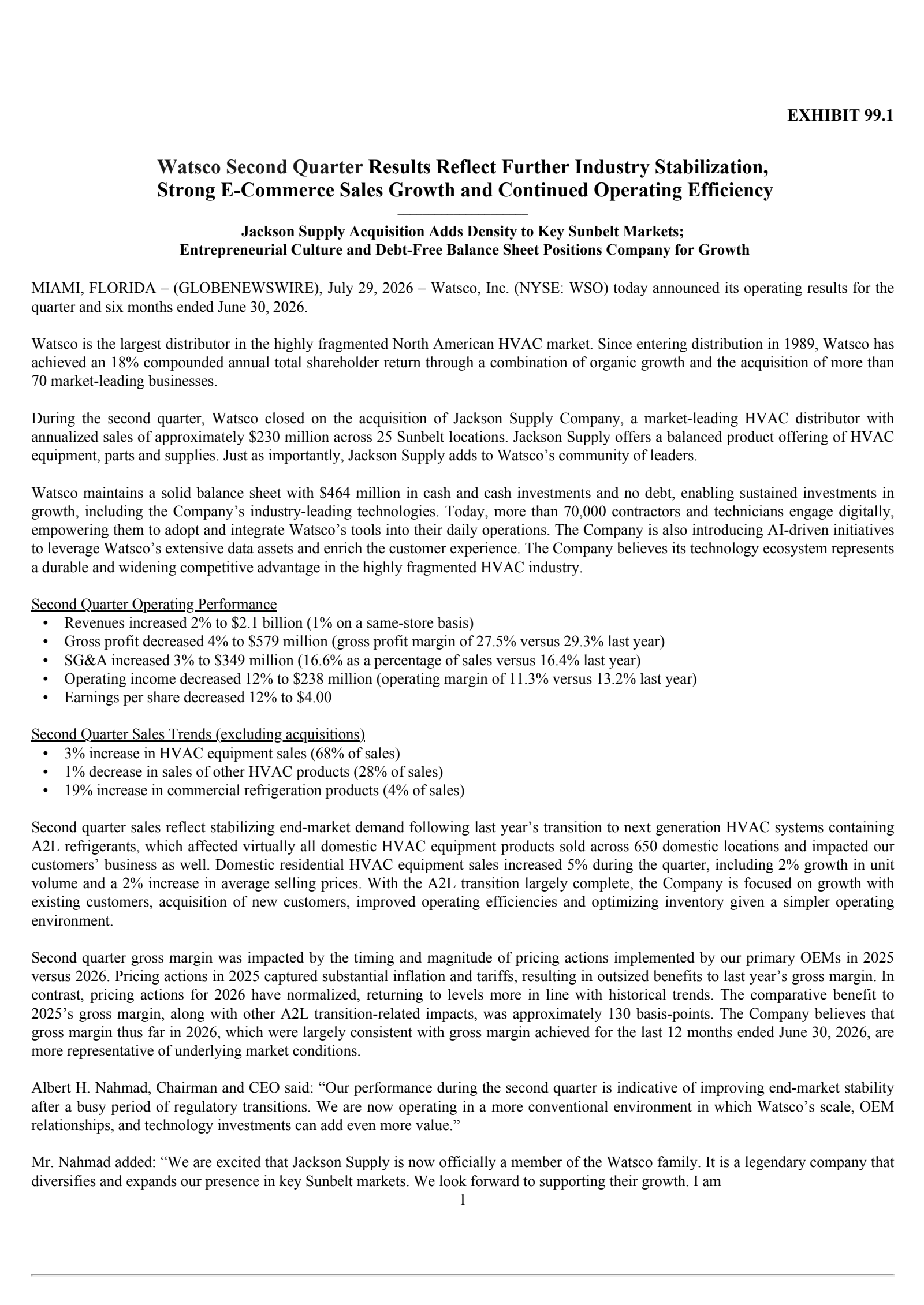 Watsco's Q2 2026 Press Release