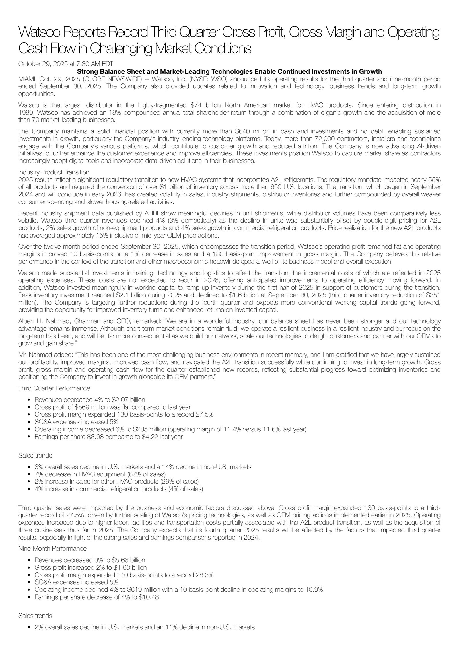Watsco's Q3 2025 Earnings Release