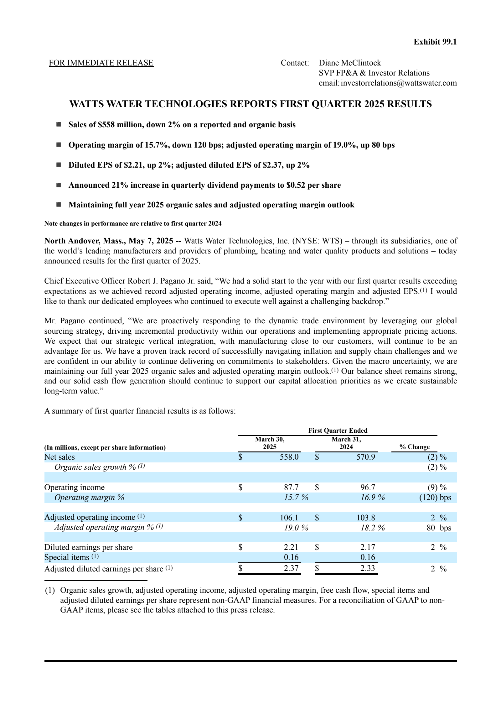 Watts Water Technologies' Q1 2025 Press Release