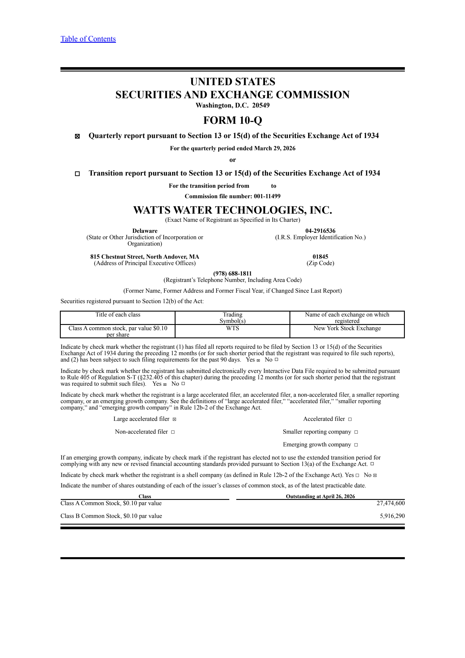 Watts Water Technologies' Q1 2026 Quarterly report