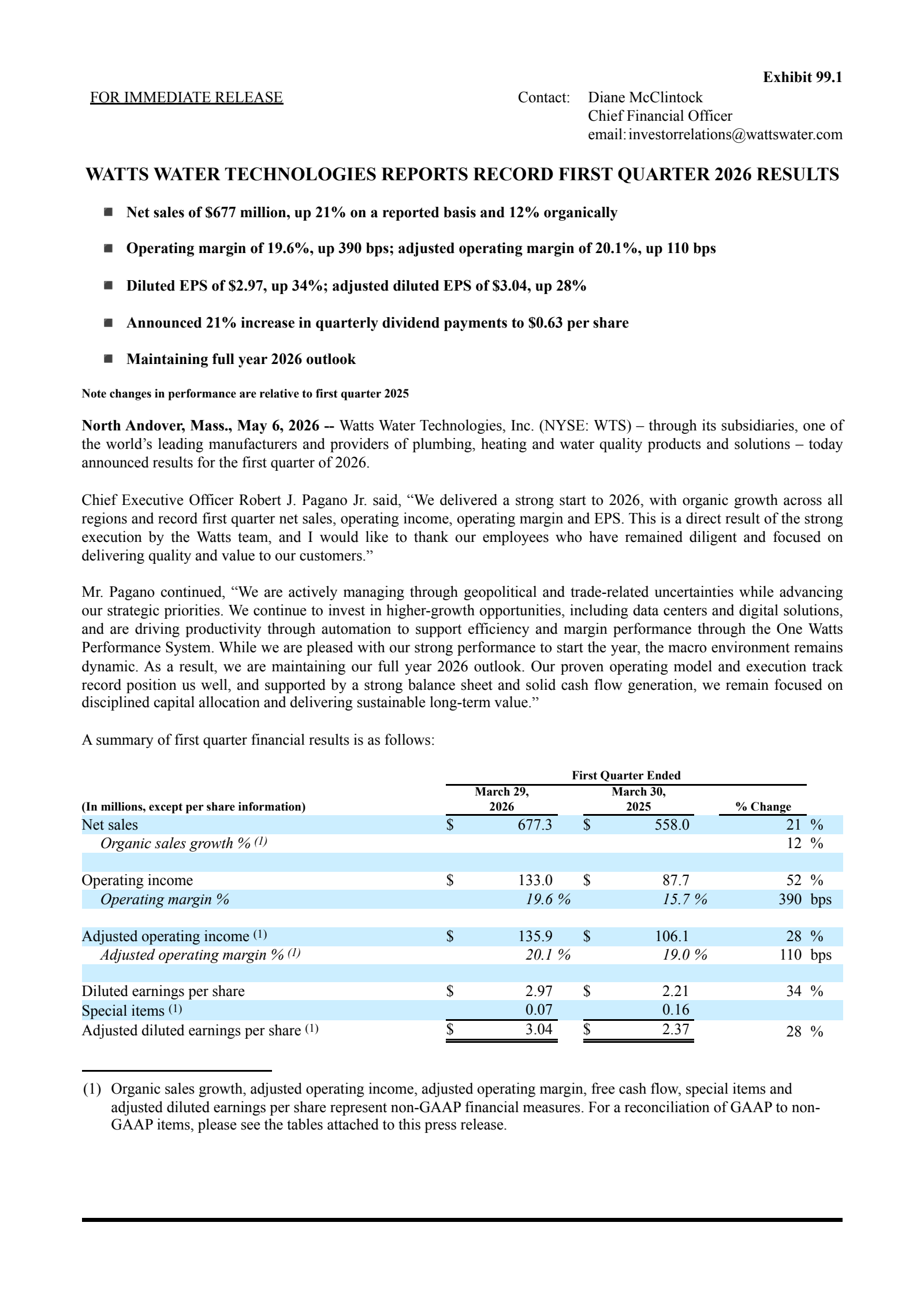 Watts Water Technologies' Q1 2026 Press Release
