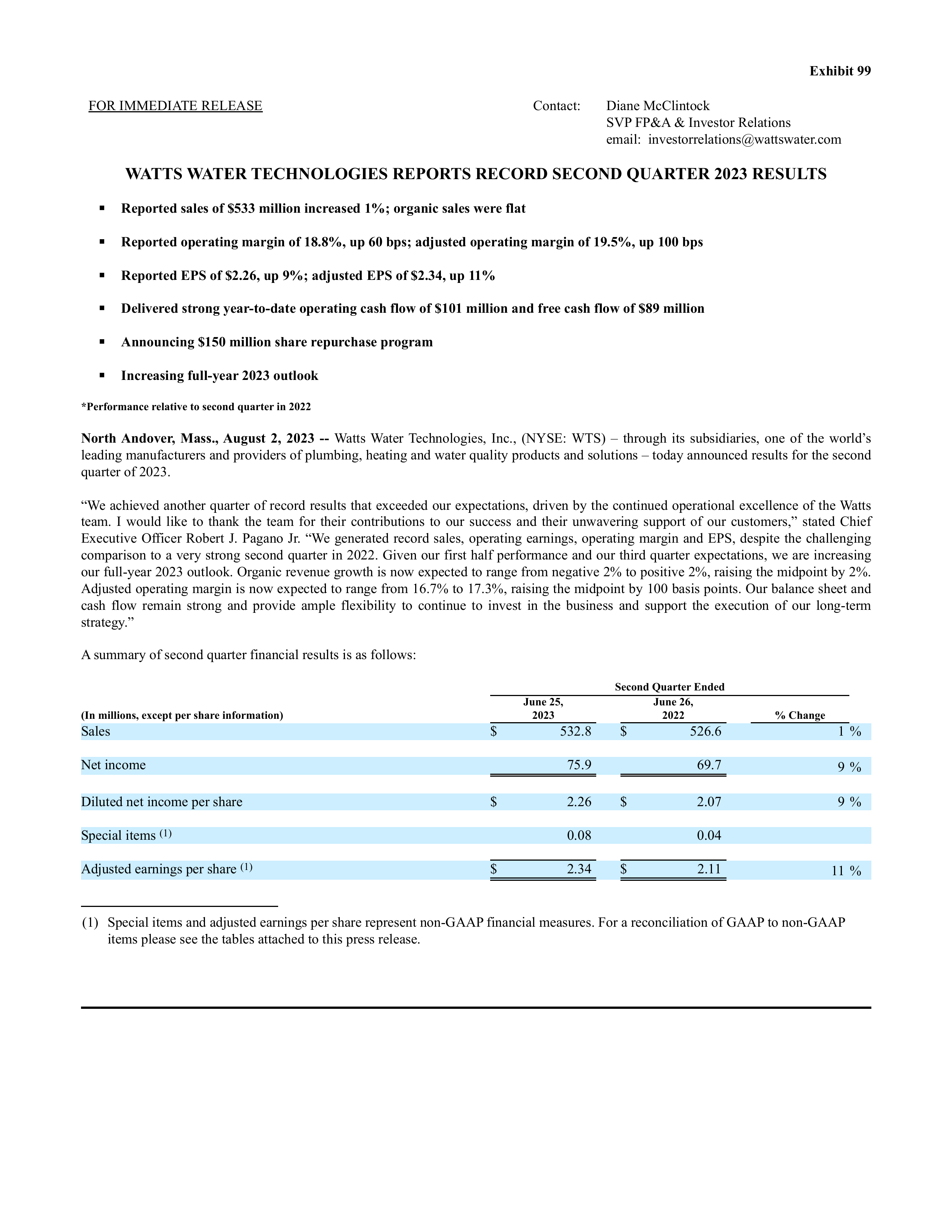 Watts Water Technologies' Q2 2023 Press Release