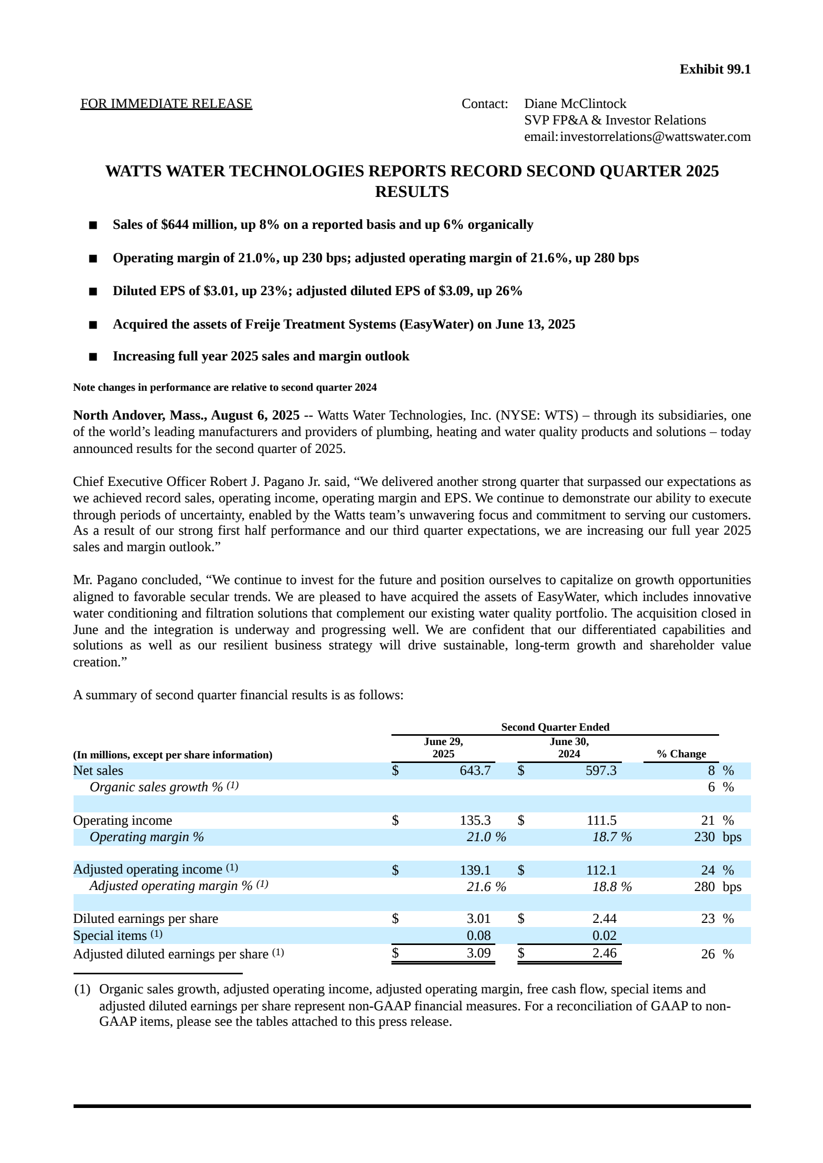 Watts Water Technologies' Q2 2025 Press Release