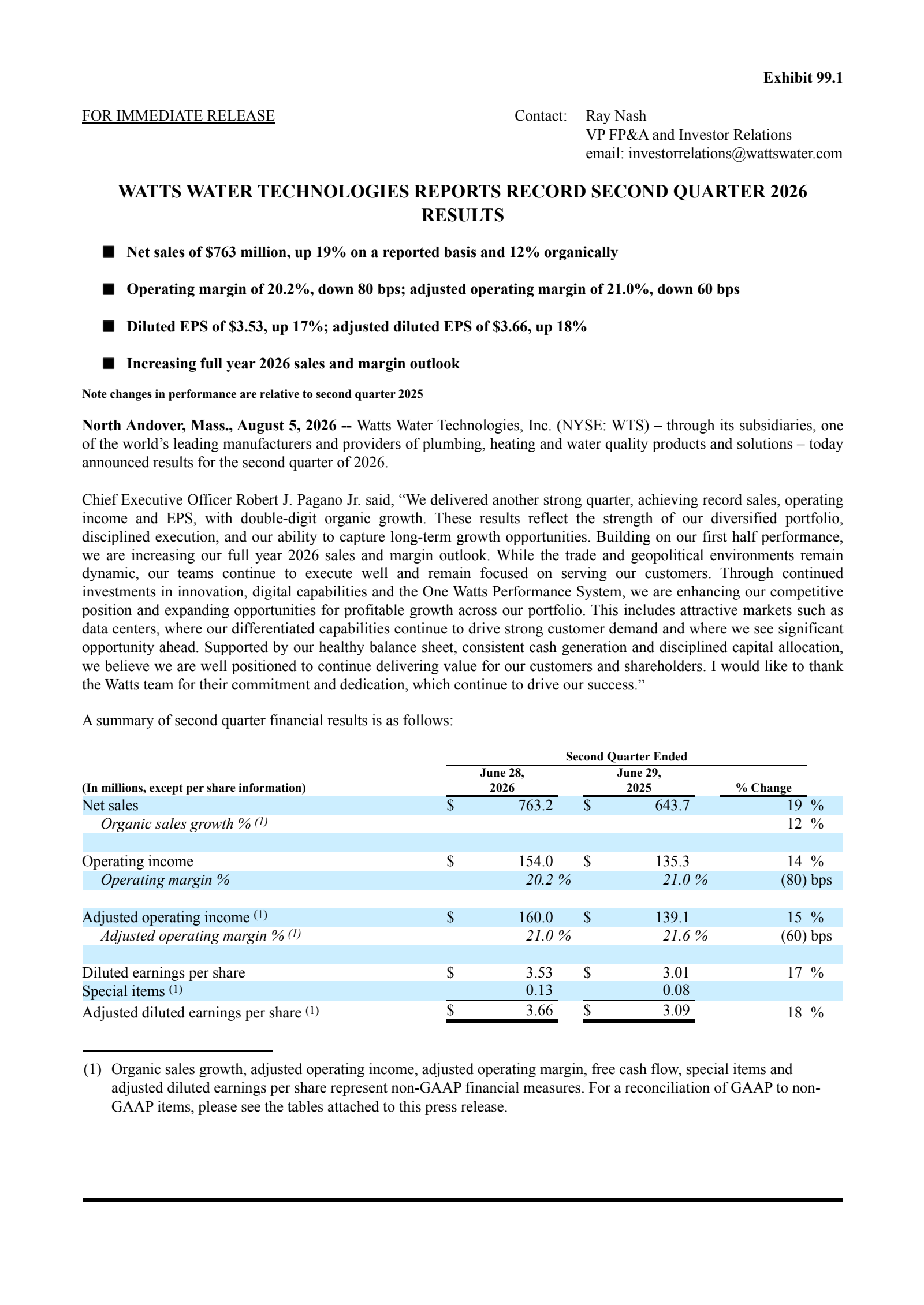 Watts Water Technologies' Q2 2026 Press Release